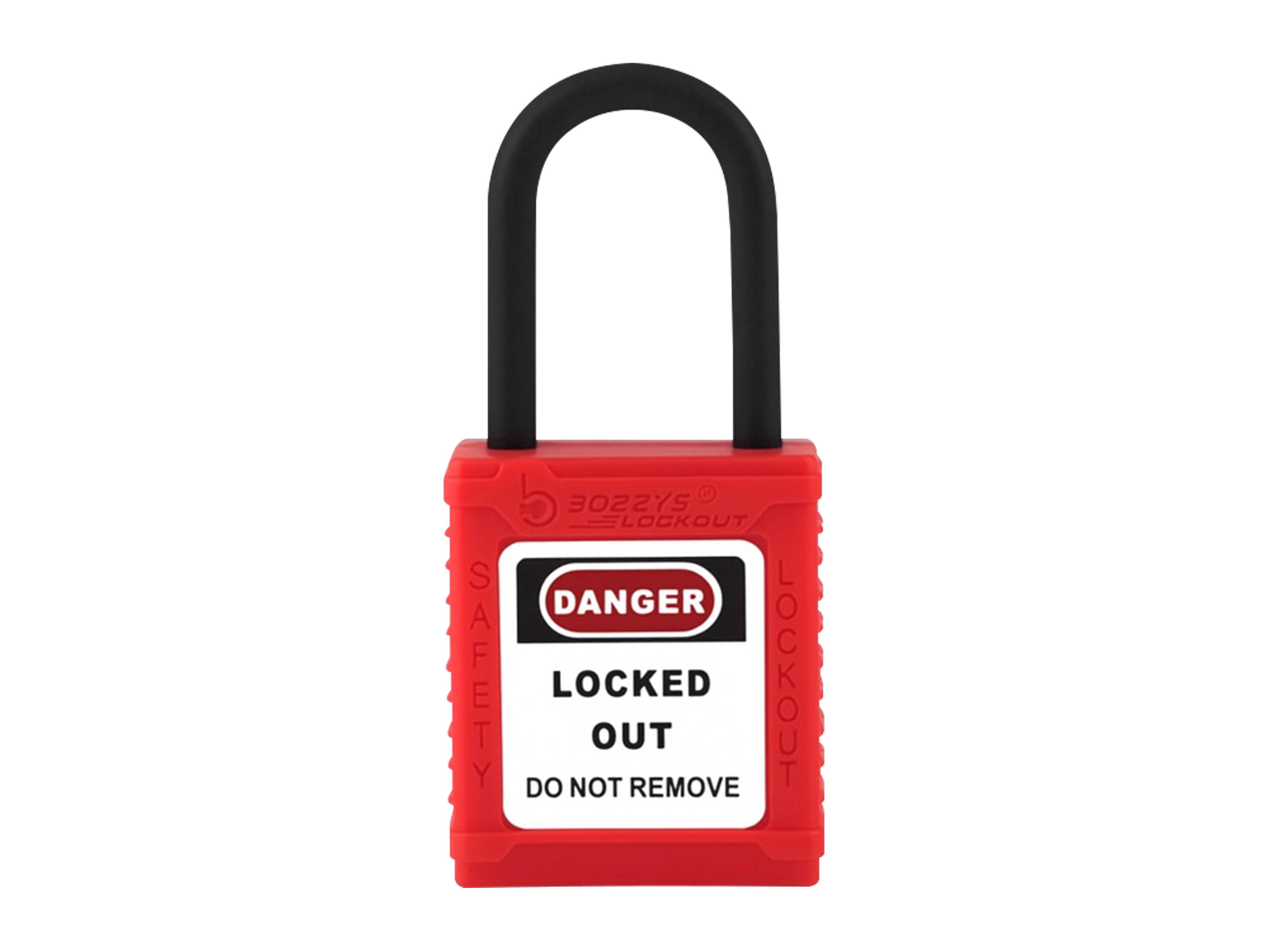Ein rotes Vorhängeschloss mit schwarzem Bügel, gekennzeichnet mit „Gefahr
