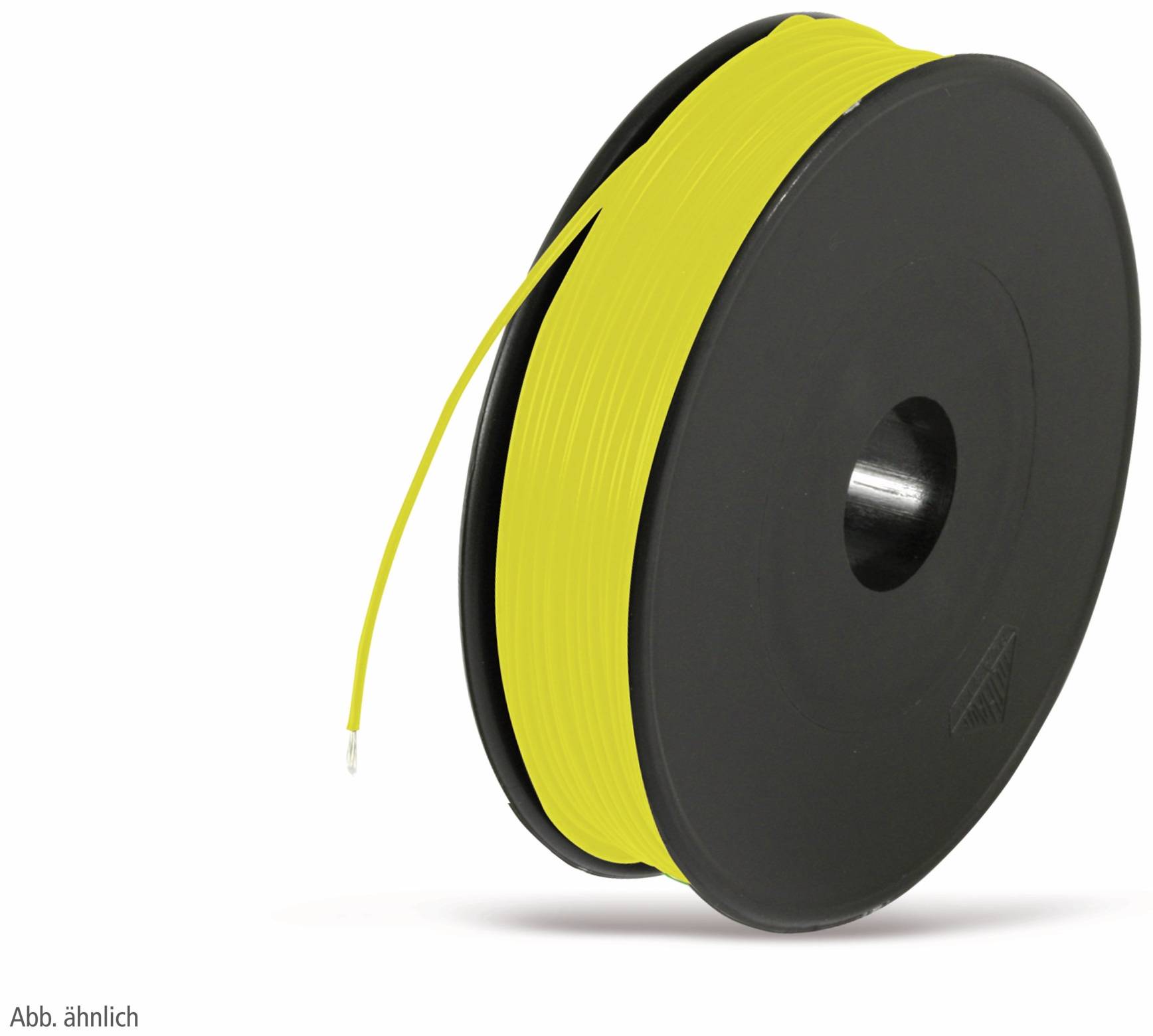 Eine Spule aus gelbem 3D-Druckfilament auf weißem Hintergrund.