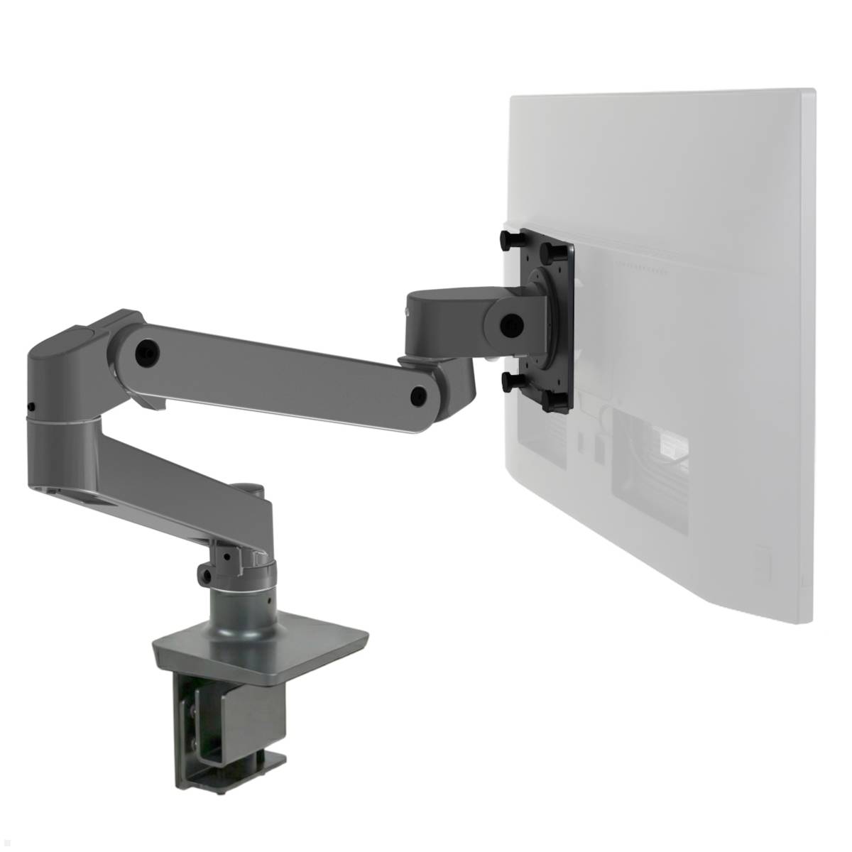 Ein Monitorarm mit einer verstellbaren Halterung, der auf einem Schreibtisch montiert ist und einen Flachbildschirm stützt. Der Arm ermöglicht eine flexible Positionierung.