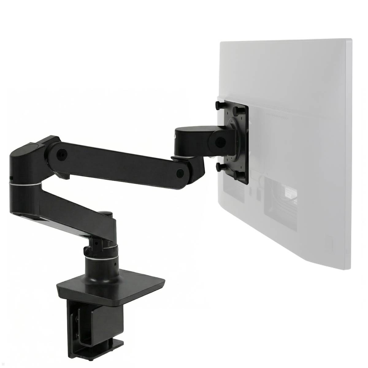 Verstellbarer schwarzer Monitorarm, der einen Bildschirm hält und flexible Positionierung für ergonomisches Betrachten ermöglicht.