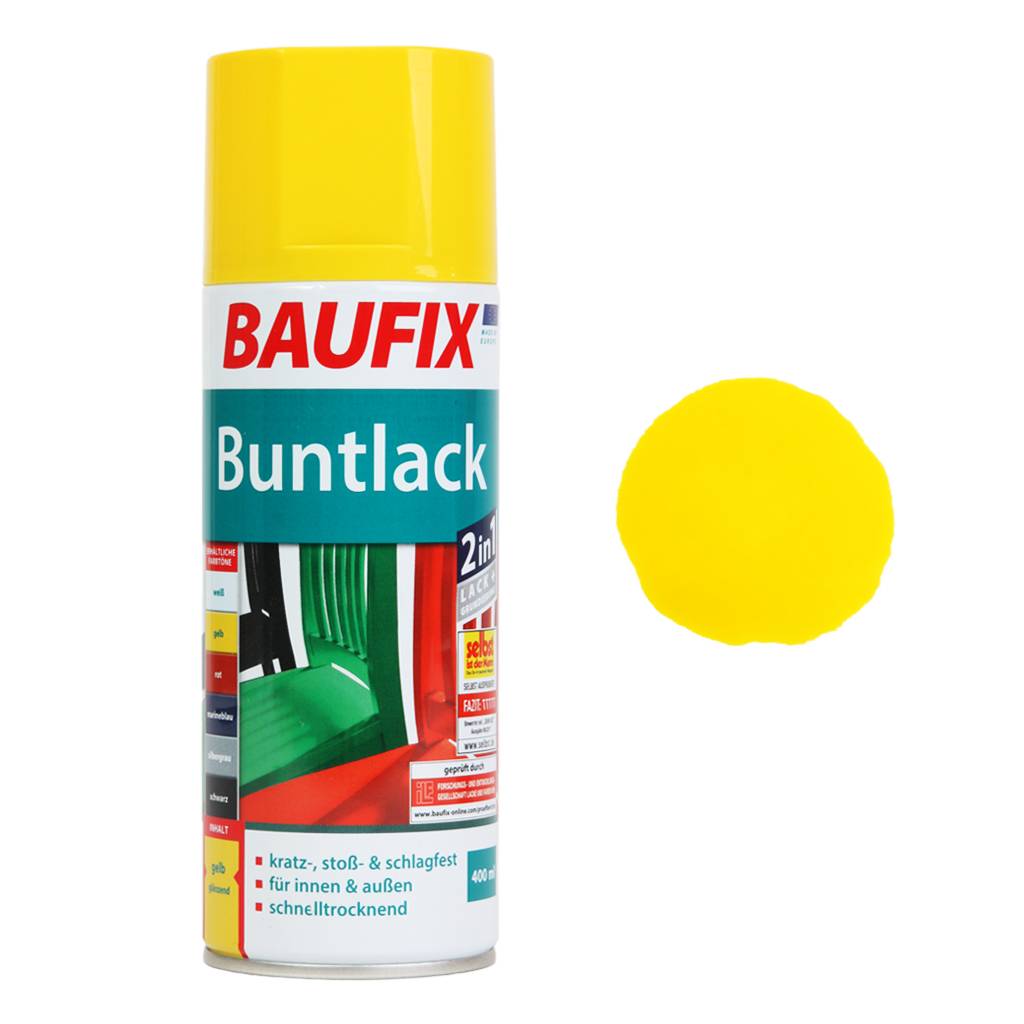 Eine gelbe Spraydose mit der Aufschrift „BAUFIX Buntlack