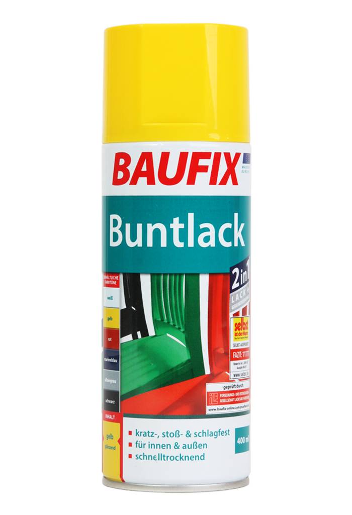 Eine gelbe Dose Baufix Buntlack 2-in-1 Sprühfarbe wird gezeigt. Das Etikett zeigt Farboptionen und ein Foto eines grün gestrichenen Stuhls.