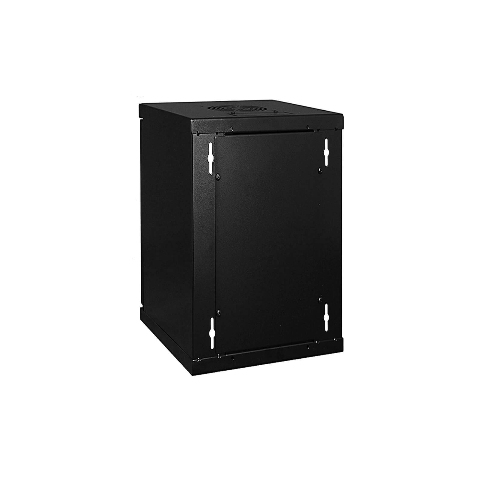 Ein schwarzer, rechteckiger Metallschrank mit Belüftungslöchern oben, geeignet zur Lagerung oder Montage von elektronischen Geräten.