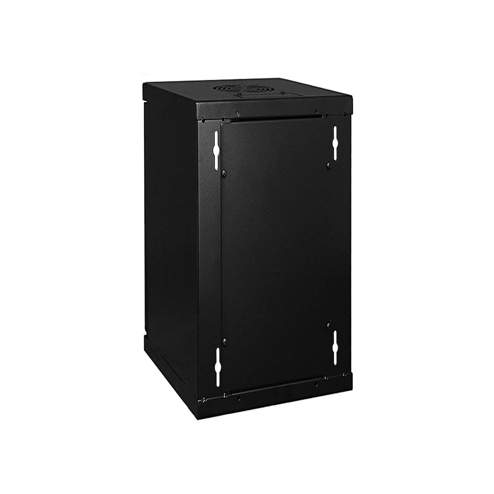 Ein schwarzer, rechteckiger Server-Rack-Schrank mit Belüftungsschlitzen oben und Befestigungslöchern an den Seiten, geeignet zur Lagerung von Netzwerkausrüstung.