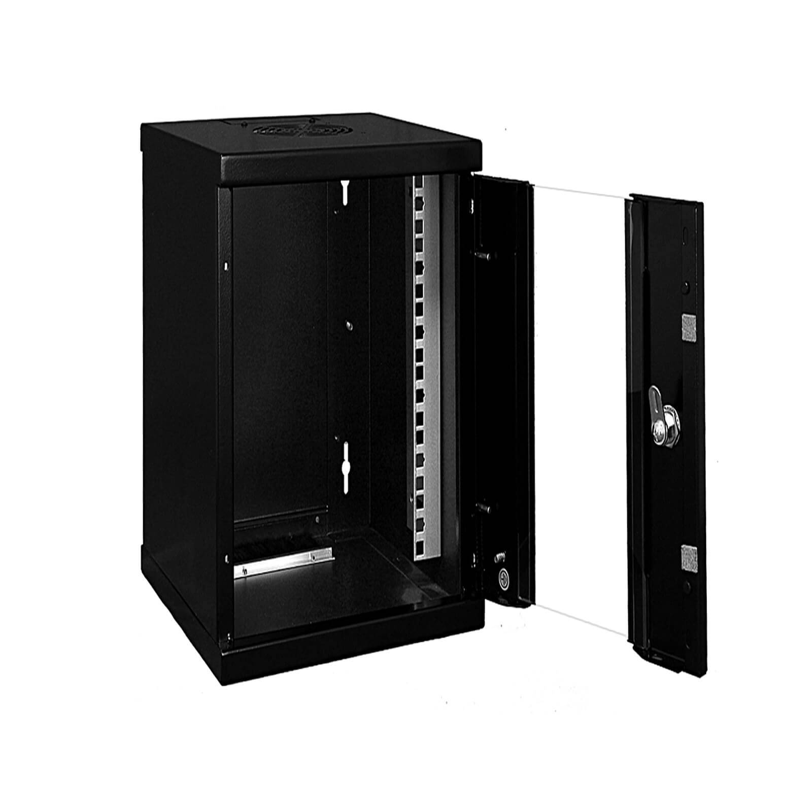 Schwarzer offener Server-Rack-Schrank mit transparenter Vordertür, mehreren Steckplätzen zum Sichern elektronischer Geräte und Schlossmechanismen.