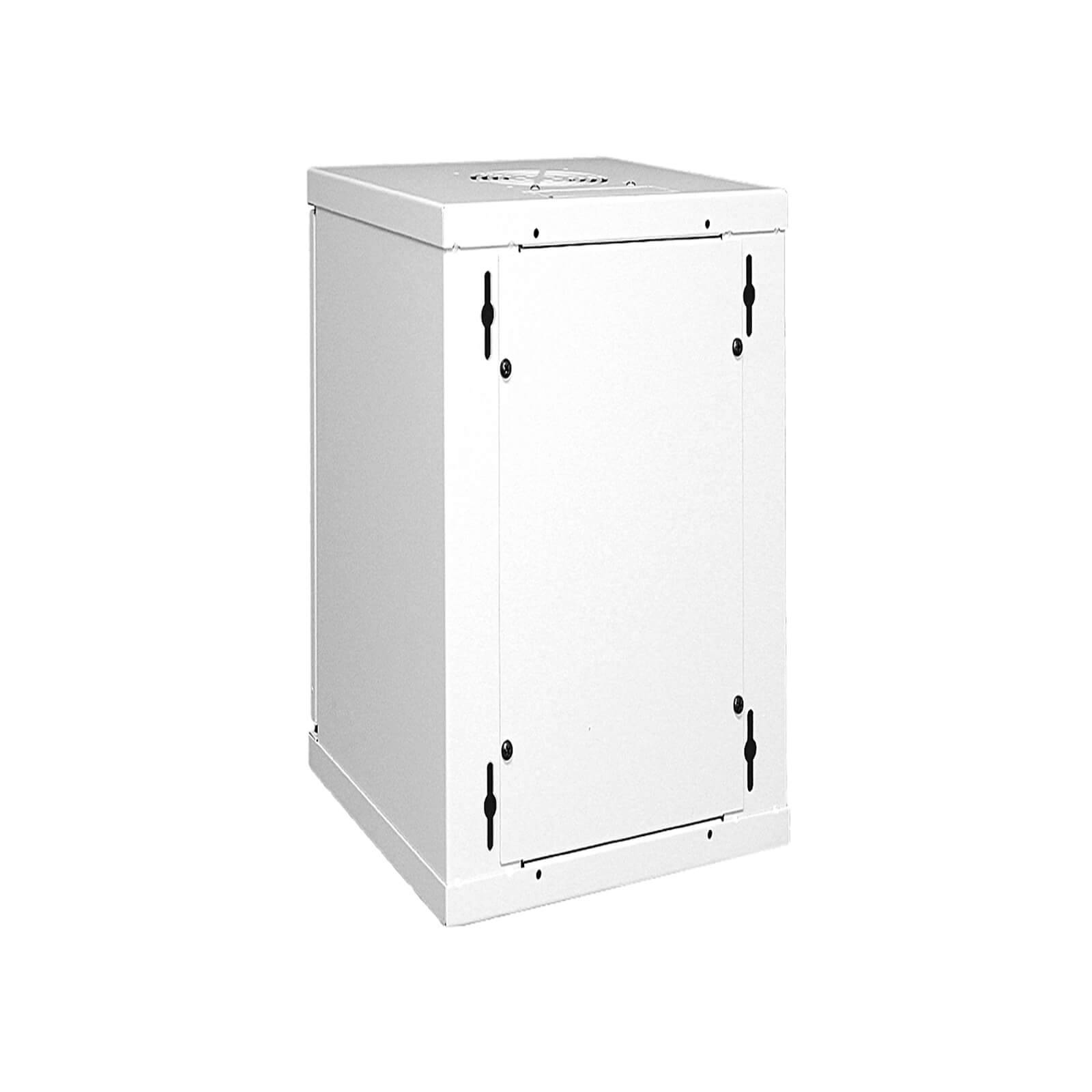 Ein weißer, rechteckiger Metallschrank mit Belüftungslöchern auf der Oberseite, mit Bolzen und Scharnieren auf der Vorder- und Seitenseite.
