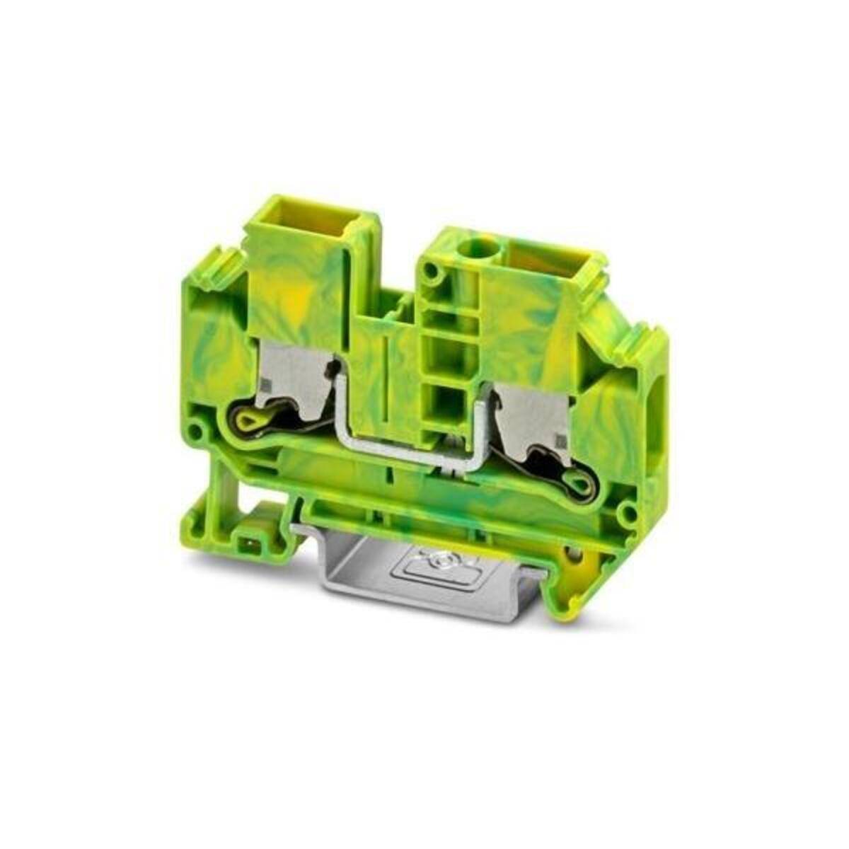 Ein grün-gelber Klemmblock mit kompaktem Design und Metallkontakten, verwendet für elektrische Verbindungen in Verdrahtungssystemen.