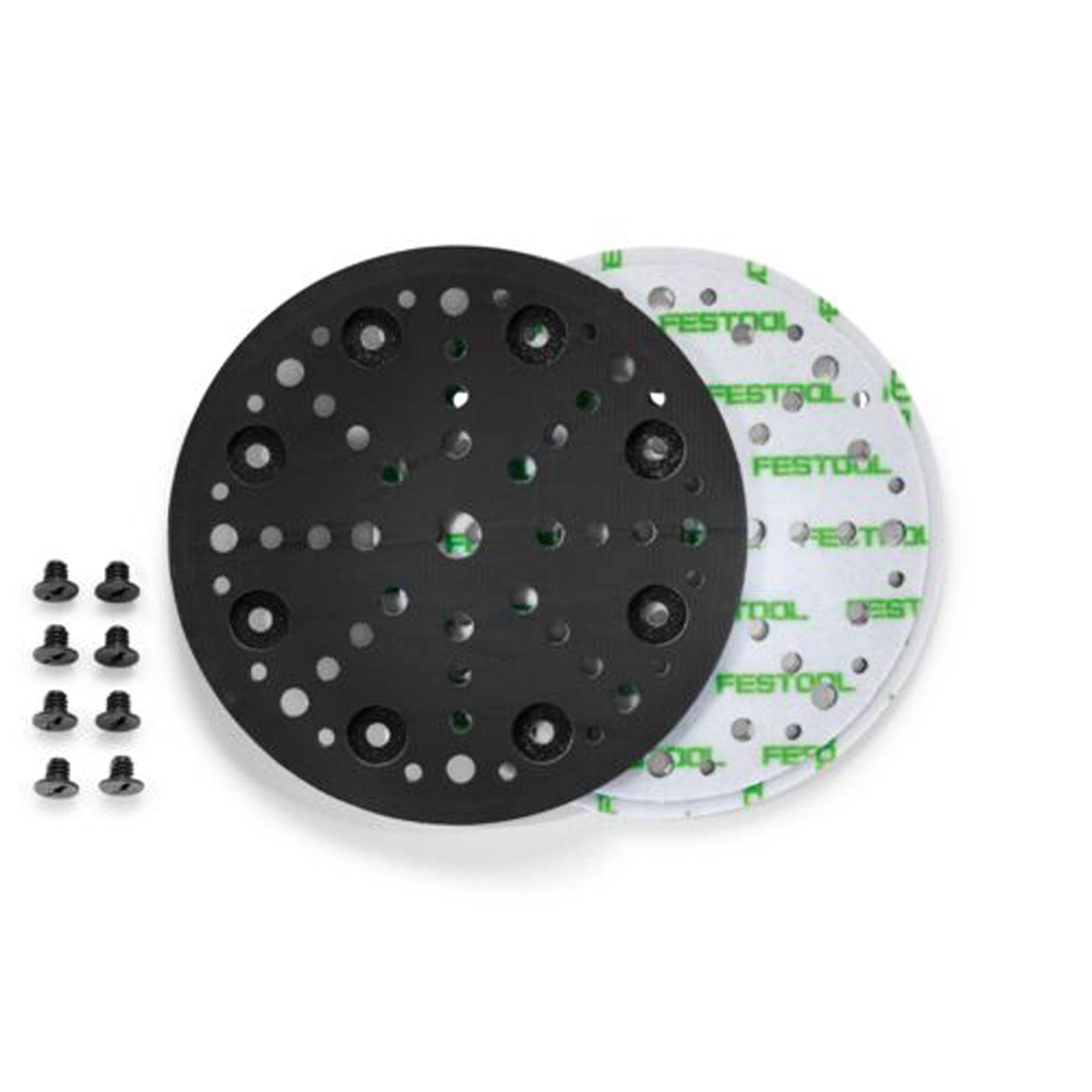 Ein rundes schwarzes Schleifpad mit mehreren Löchern und Schrauben, daneben ein Ersatzpad mit Markennamen gezeigt.