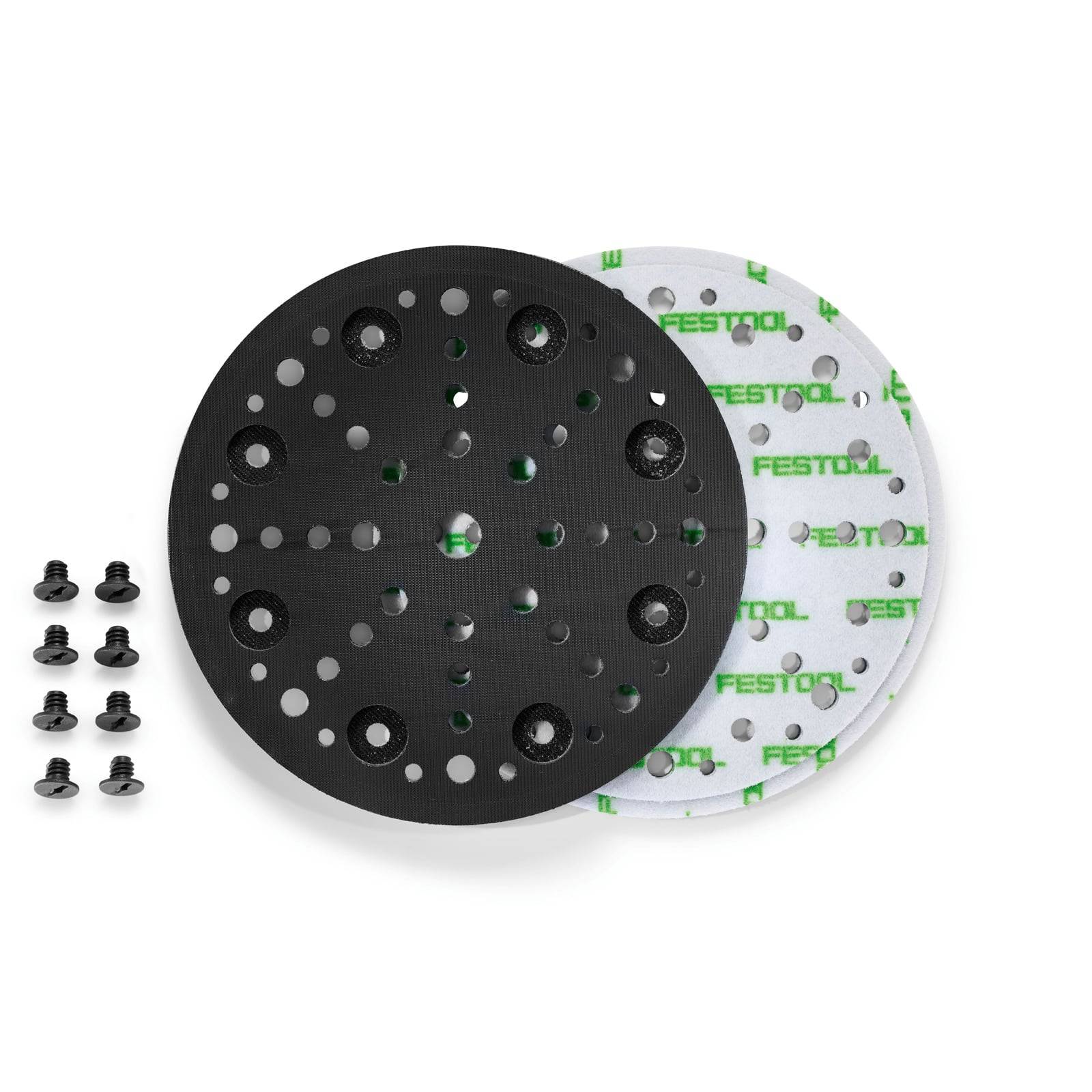 Schleifpad-Set mit einem runden schwarzen Schleifpad, einer weißen Backing-Platte mit aufgedrucktem „FESTOOL