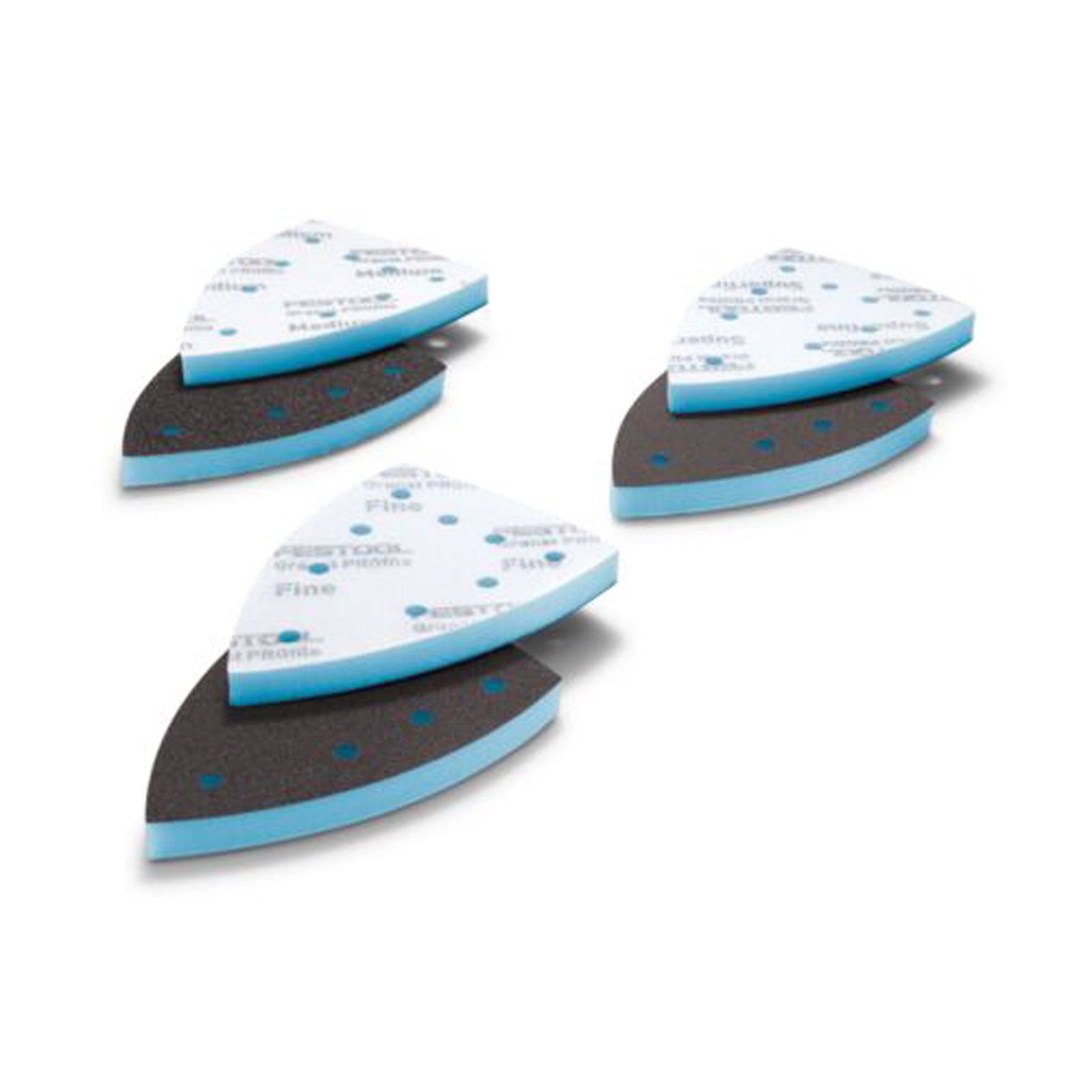 Vier dreieckige Schwämme mit abwechselnden blauen und schwarzen Schichten, beschriftet mit „Fine