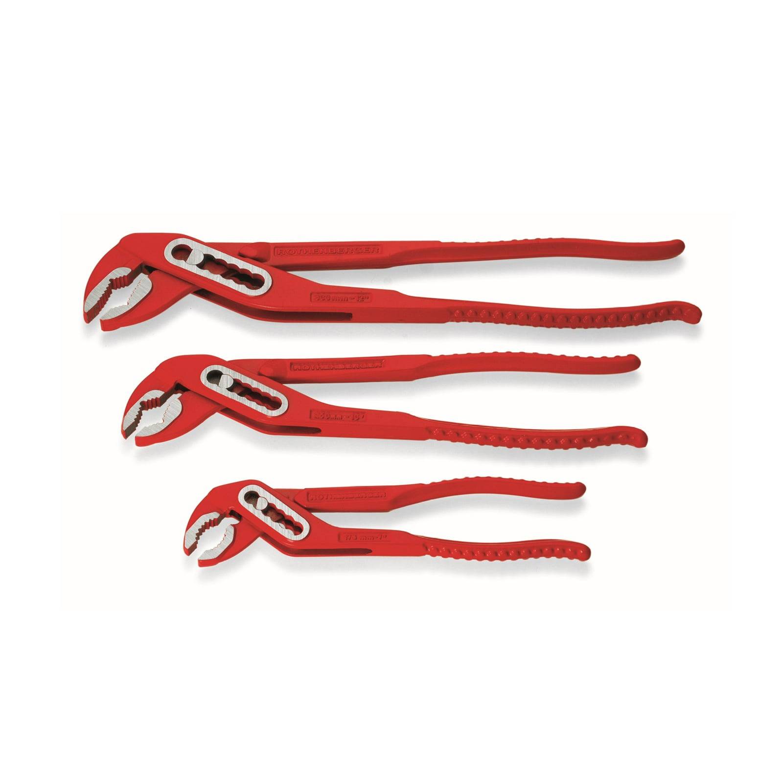 Vier rote verstellbare Zangen in verschiedenen Größen in einer Reihe angeordnet, die Backen- und Griffdesign zeigen, zur Verwendung in der Rohrleitungs- oder Reparaturtätigkeit.