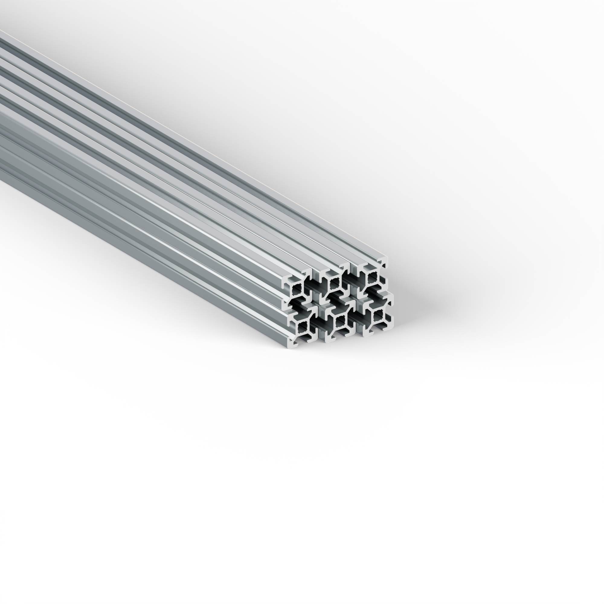 Metallisches Extrusionsprofil in Silberfarbe, mit rechteckiger Form und komplizierten inneren Mustern.