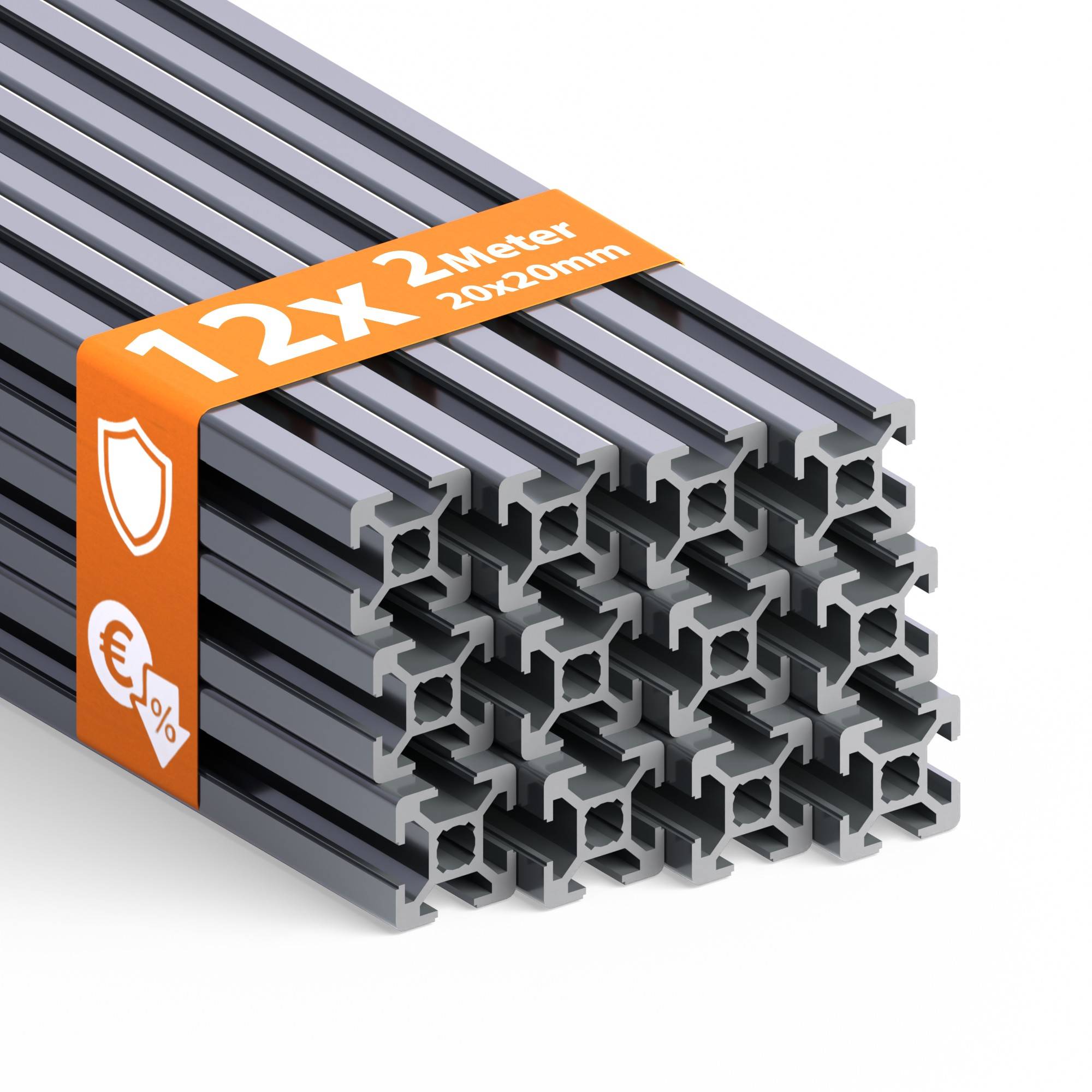 TIVENDIS Konstruktionsprofil 20x20 Nut 6 Set 12 Stück 2 Meter Aluminium Alu Profil silber eloxiert Systemprofil für Rahmenbau und Montage