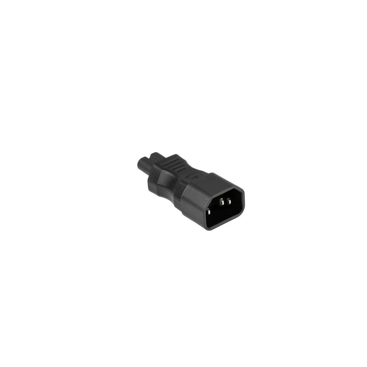 Ein schwarzer IEC-Stromstecker, typischerweise für elektrische Geräte und Haushaltsgeräte verwendet, auf einem einfachen weißen Hintergrund gezeigt.