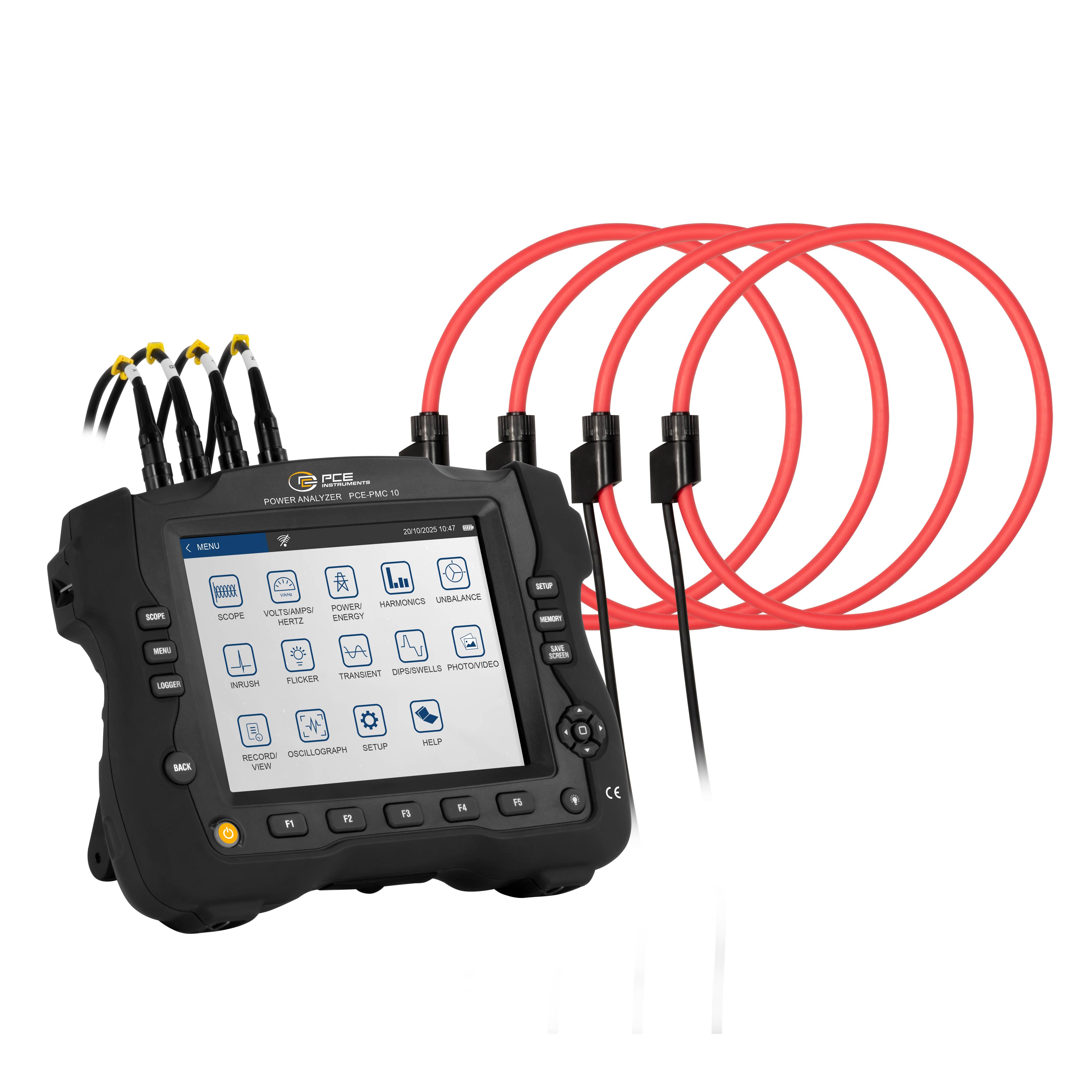 Ein tragbarer elektrischer Stromanalysator mit Touchscreen-Display, das verschiedene Symbole anzeigt, verbunden mit roten Stromzangespulen zum Testen.