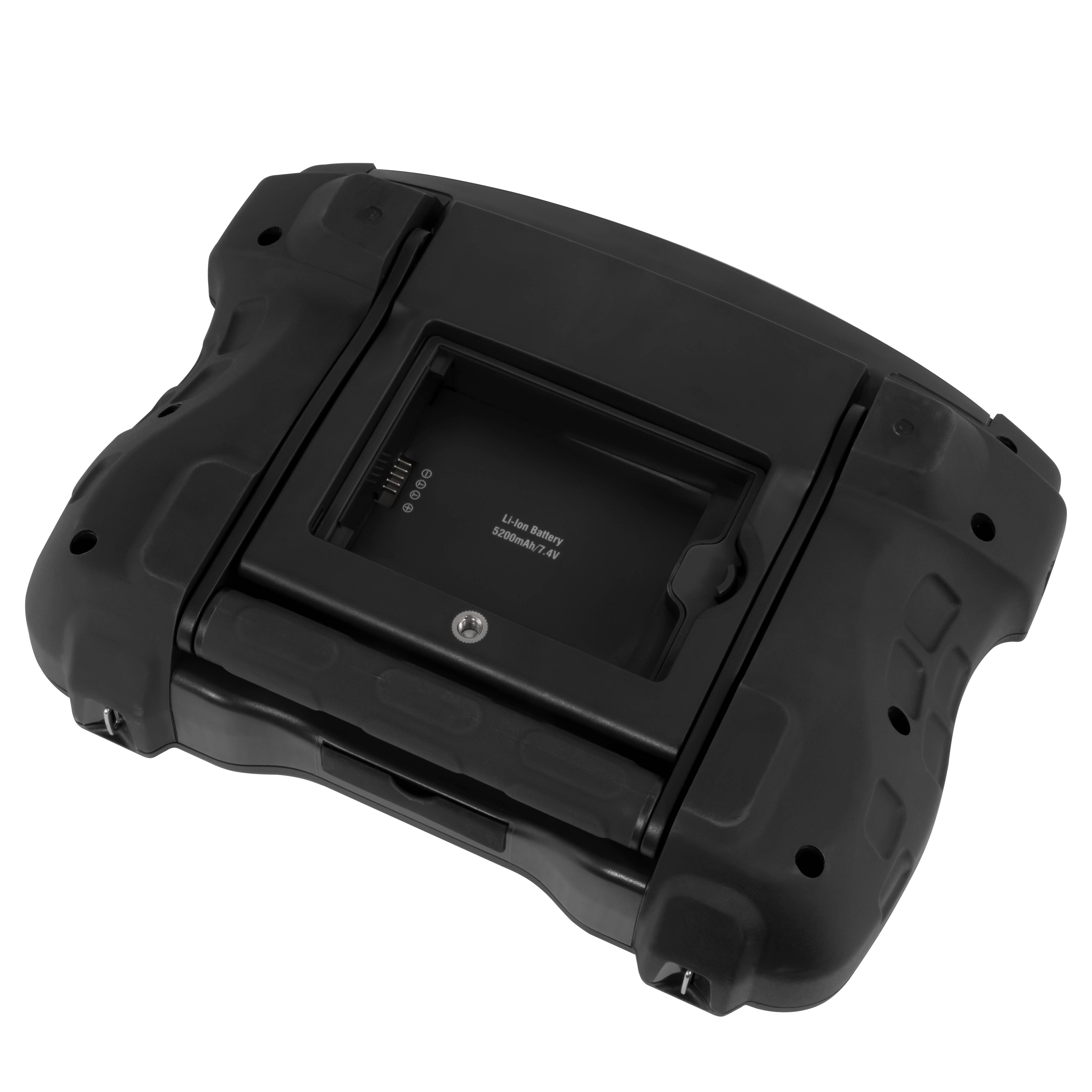 Ein schwarzes elektronisches Gerät mit einem Fach für einen Lithium-Ionen-Akku, das auf beiden Seiten griffähnliche Griffe aufweist.