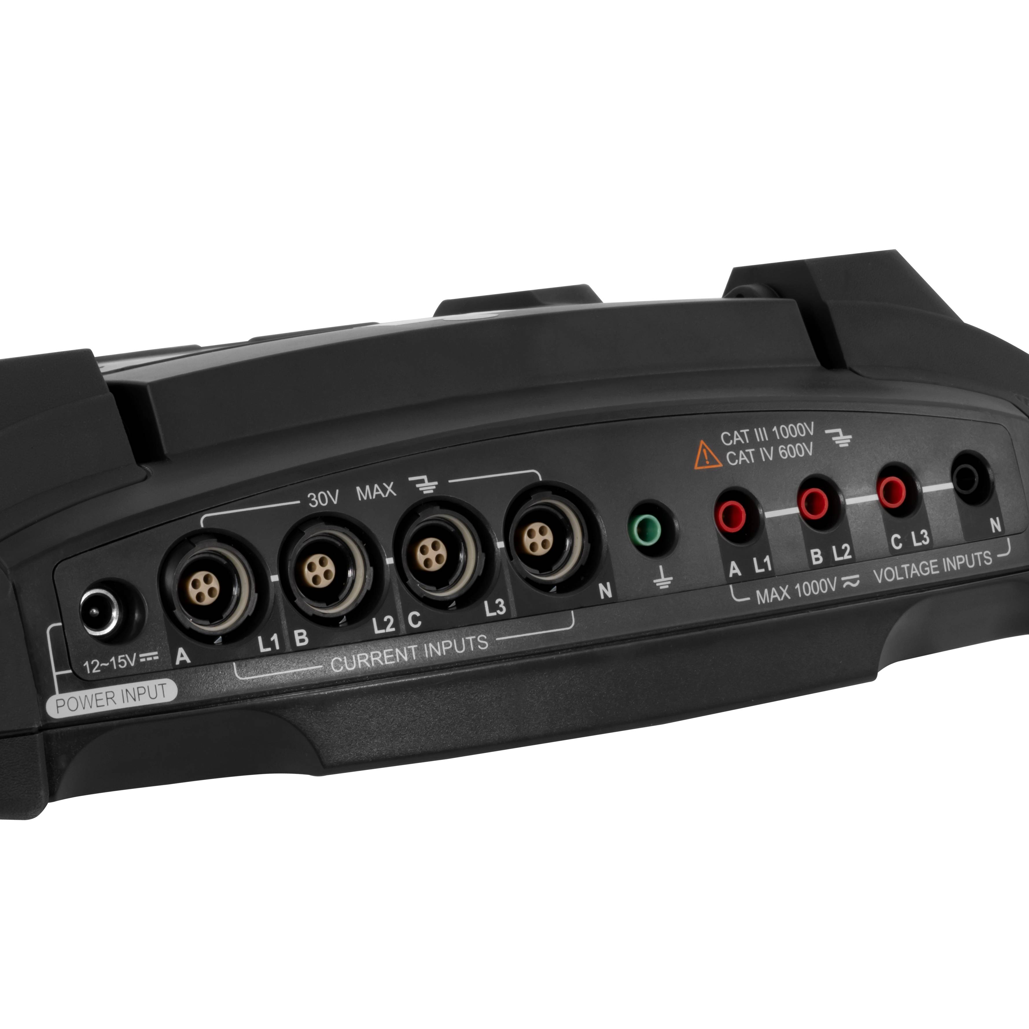 Eingangspanel eines Elektrogeräts mit vier kreisförmigen Anschlüssen mit den Bezeichnungen L1, L2, L3, N für Stromeingänge, Spannungseingänge und Stromversorgungseingänge.