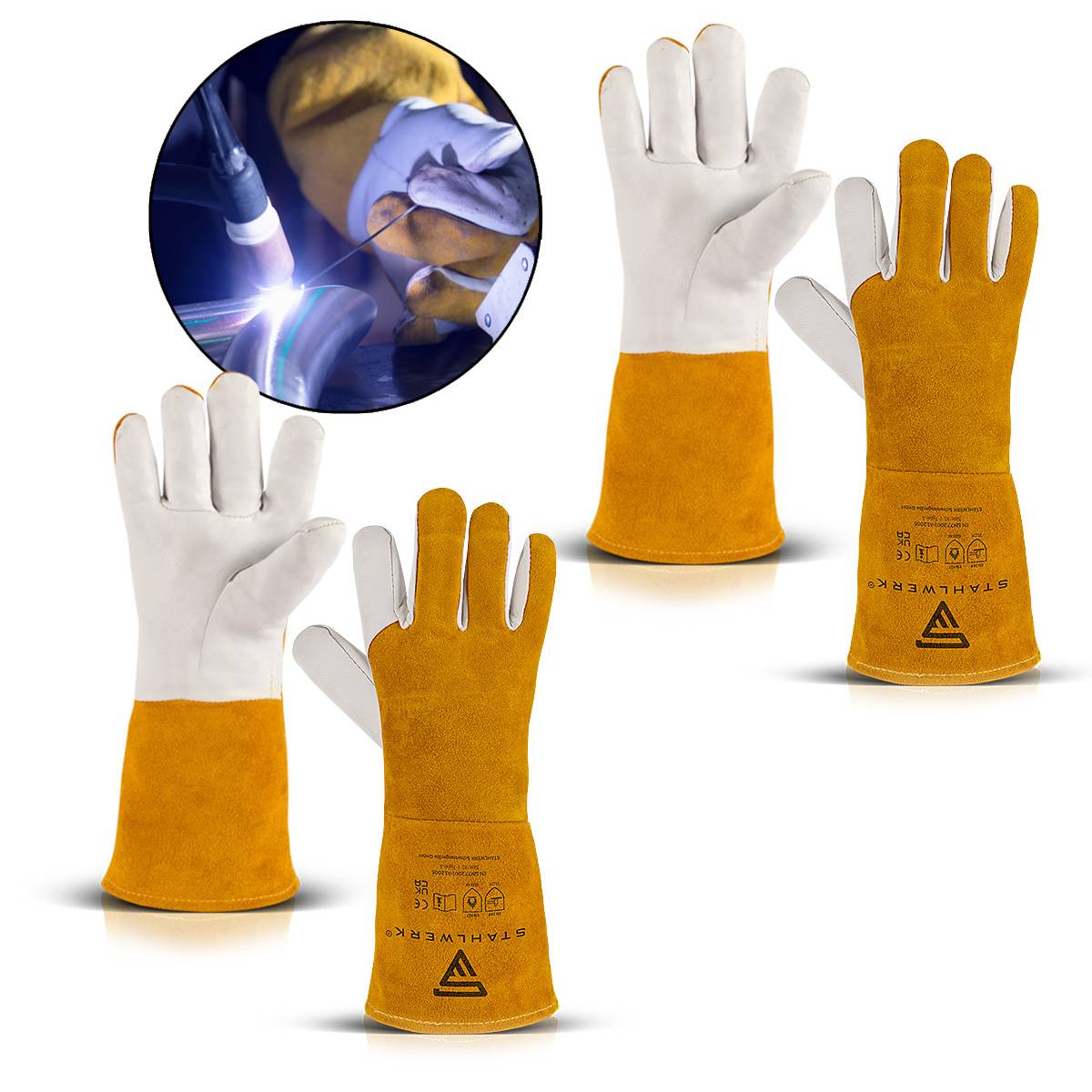 Schutzschweißhandschuhe mit gelben Manschetten und weißen Fingern, in drei Ansichten gezeigt. Die Vergrößerung zeigt eine Person beim Schweißen mit hellem Licht.