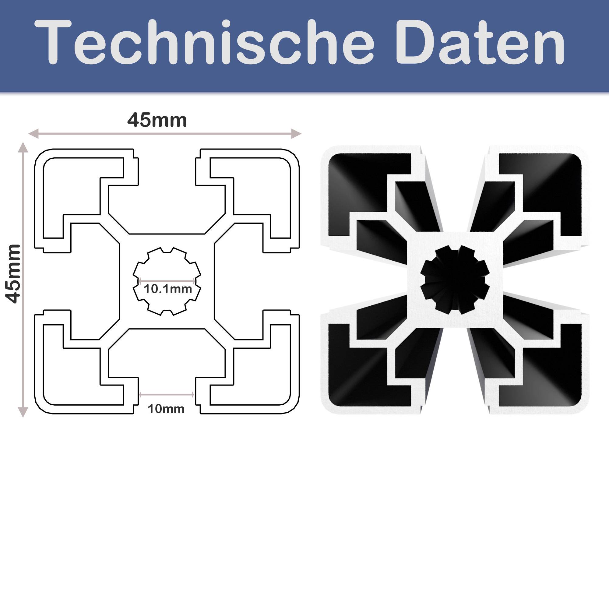 Diagramm mit Abmessungen eines Maschinenteils mit einer Gesamtgröße von 45 mm × 45 mm und einem zentralen Loch von 10,1 mm.
