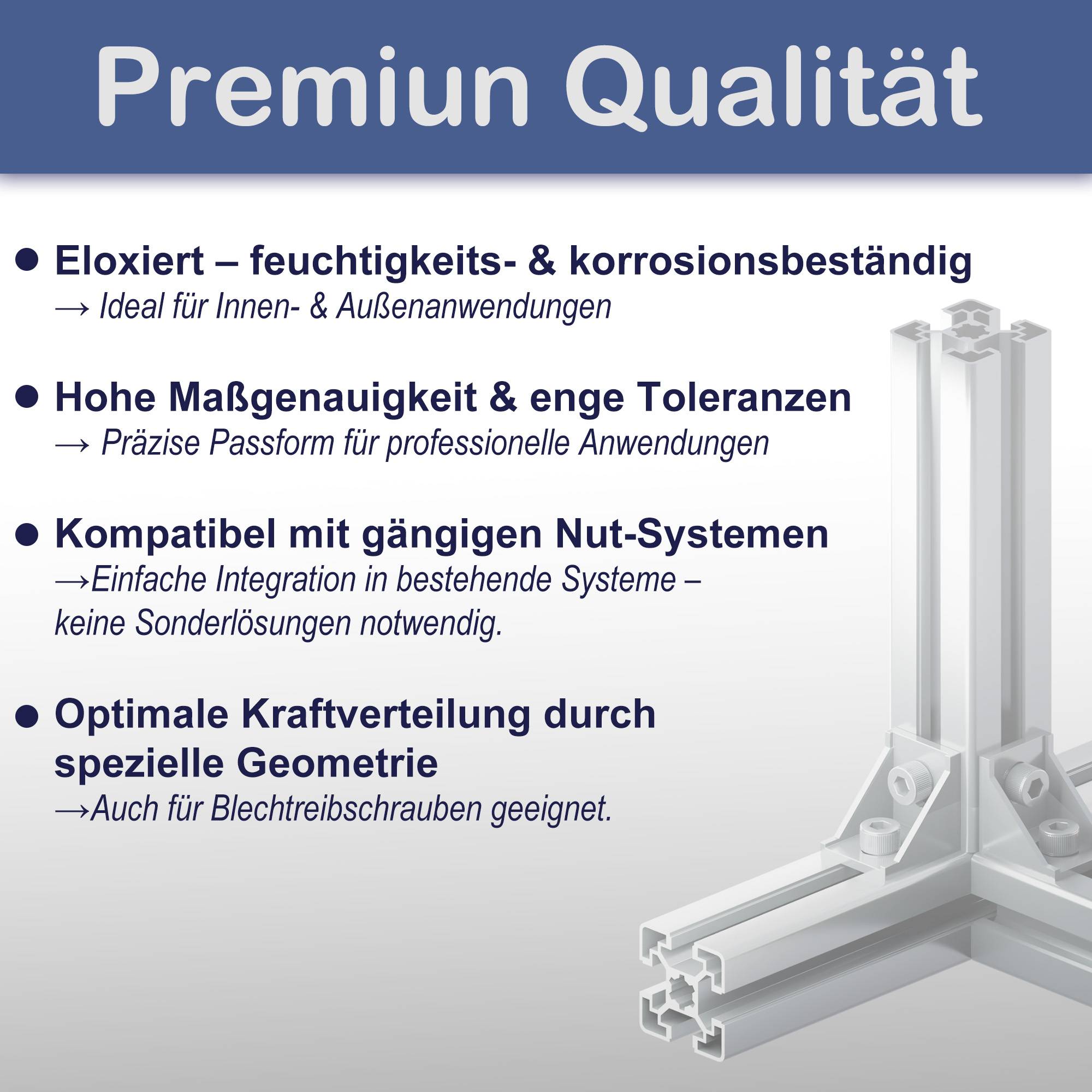 Premiumqualität' Überschrift, mit Funktionen: Korrosionsbeständigkeit, hohe Toleranzen, Kompatibilität mit Standardsystemen, optimale Geometrie für Präzision.