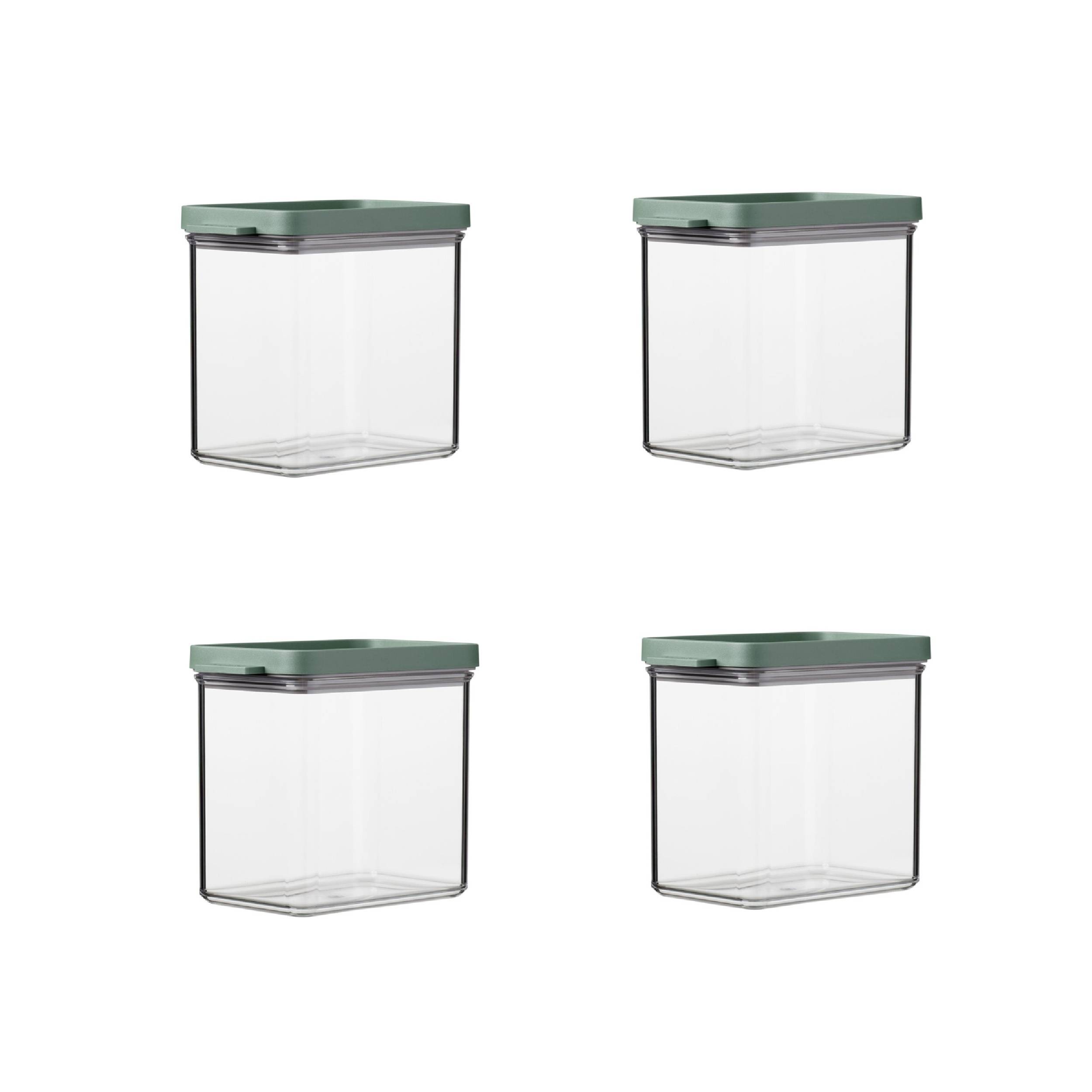 Vier durchsichtige quadratische Behälter mit grünen Deckeln, in einem 2x2-Raster auf weißem Hintergrund angeordnet.