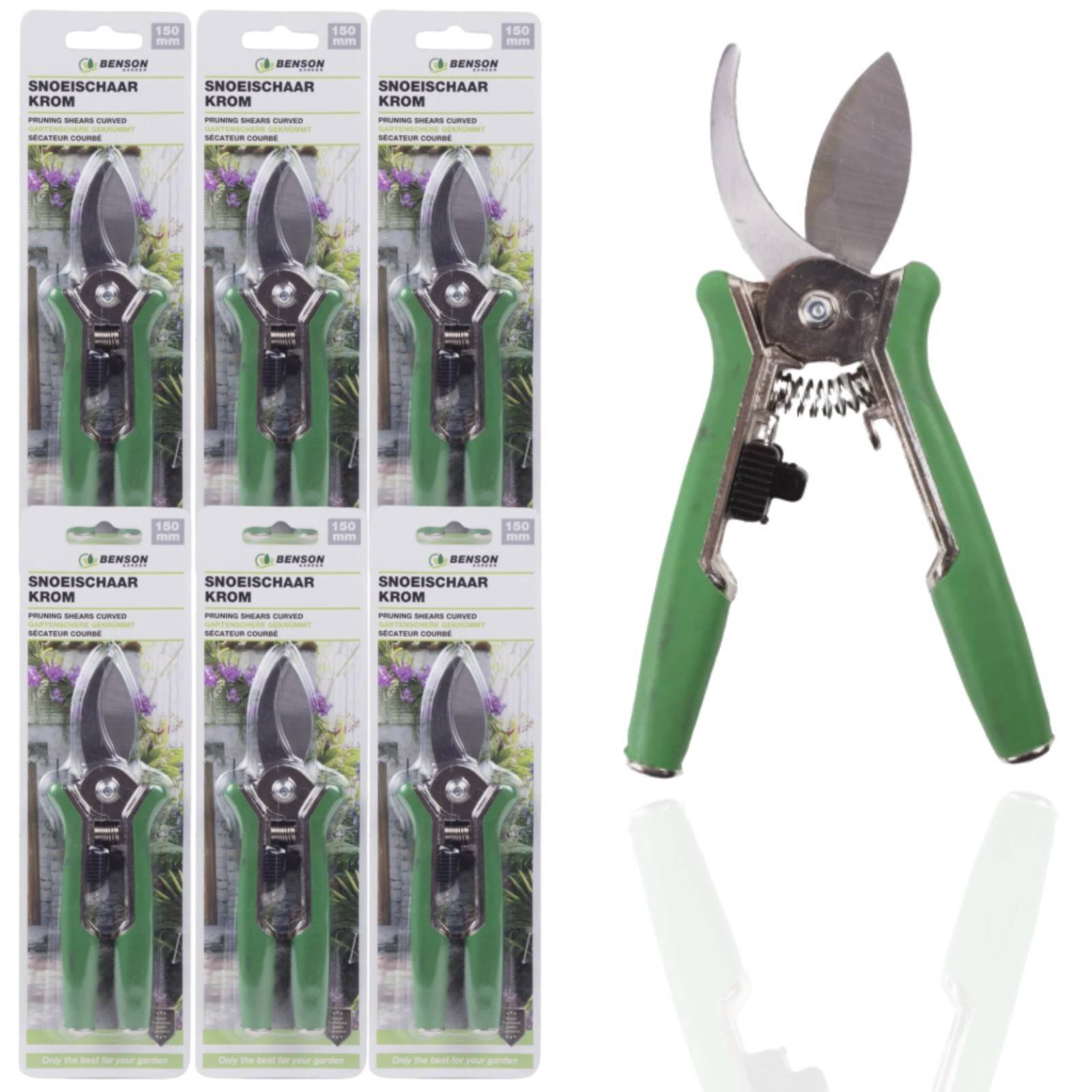 Amboss Schneidschere Krom' Gartenschere in Verpackung auf der linken Seite, lose Schere mit grünem Griff auf der rechten Seite, entwickelt für Gartenarbeiten.