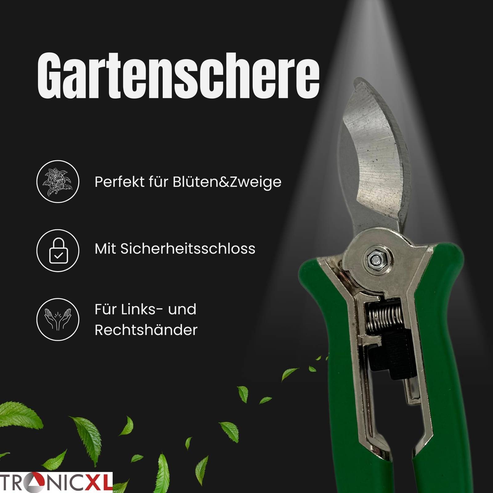 Gartenscheren mit grünem Griff und silbernen Klingen werden hervorgehoben, zusammen mit Funktionen wie dem Schneiden von Blumen und Ästen für Rechts- und Linkshänder.