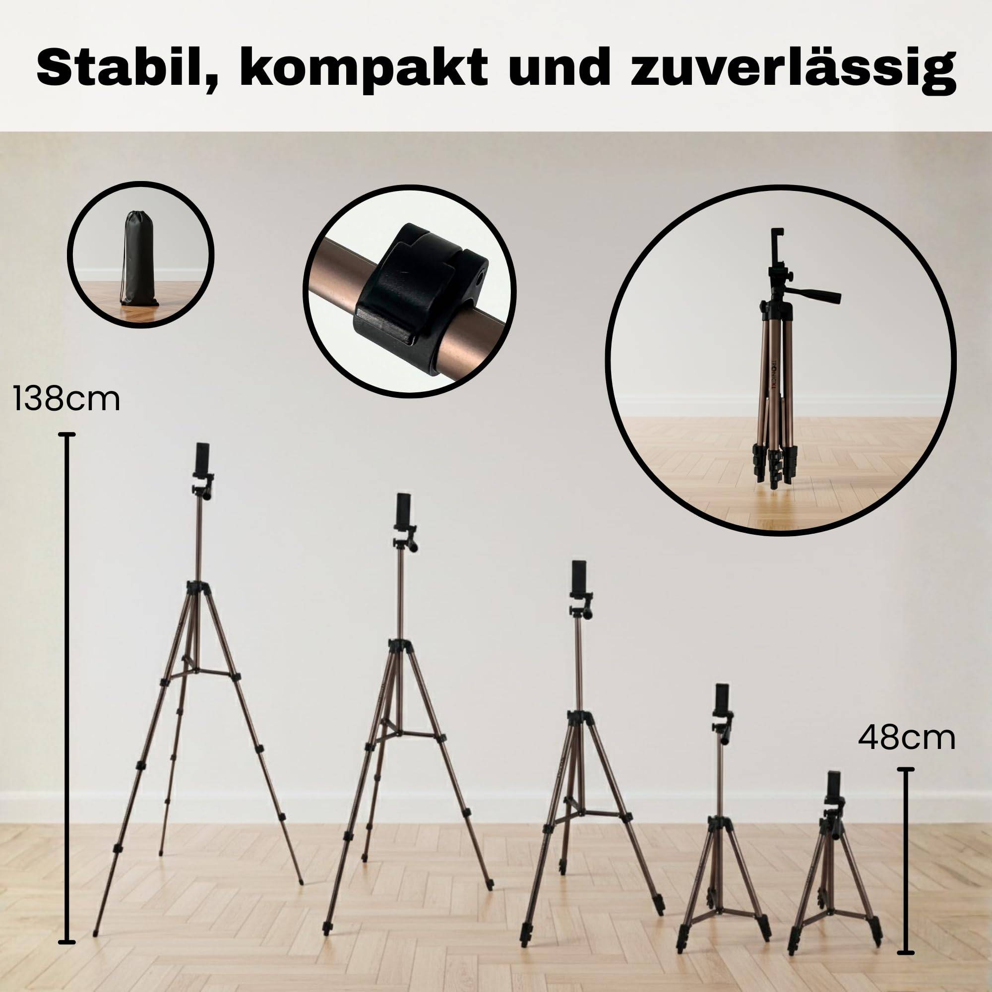 Eine Serie von Bildern zeigt ein schwarzes Stativ, das sich von 48 cm auf 138 cm ausfahren lässt, mit Text oben, der „Stabil, kompakt und zuverlässig