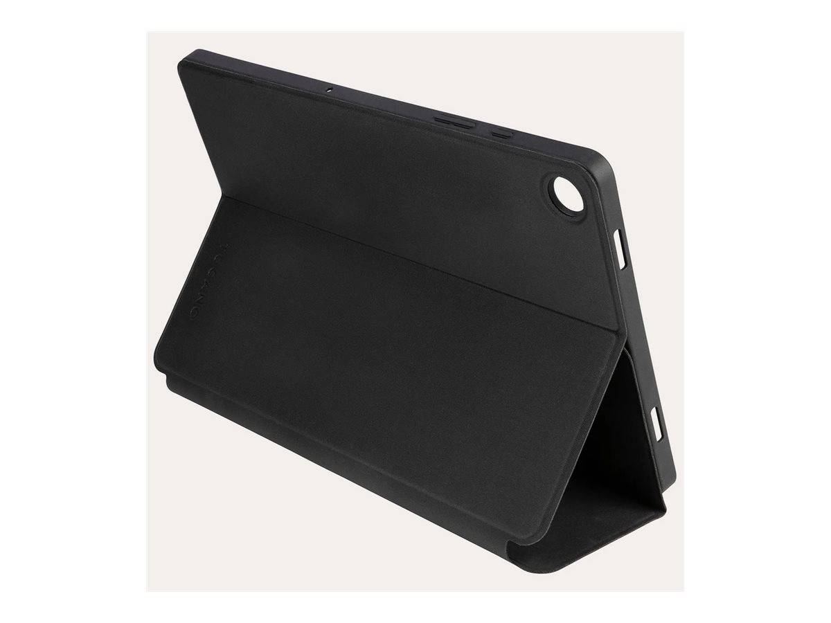 Schwarze faltbare Tablet-Schutzhülle mit integriertem Ständer, geöffnet im Winkel dargestellt.