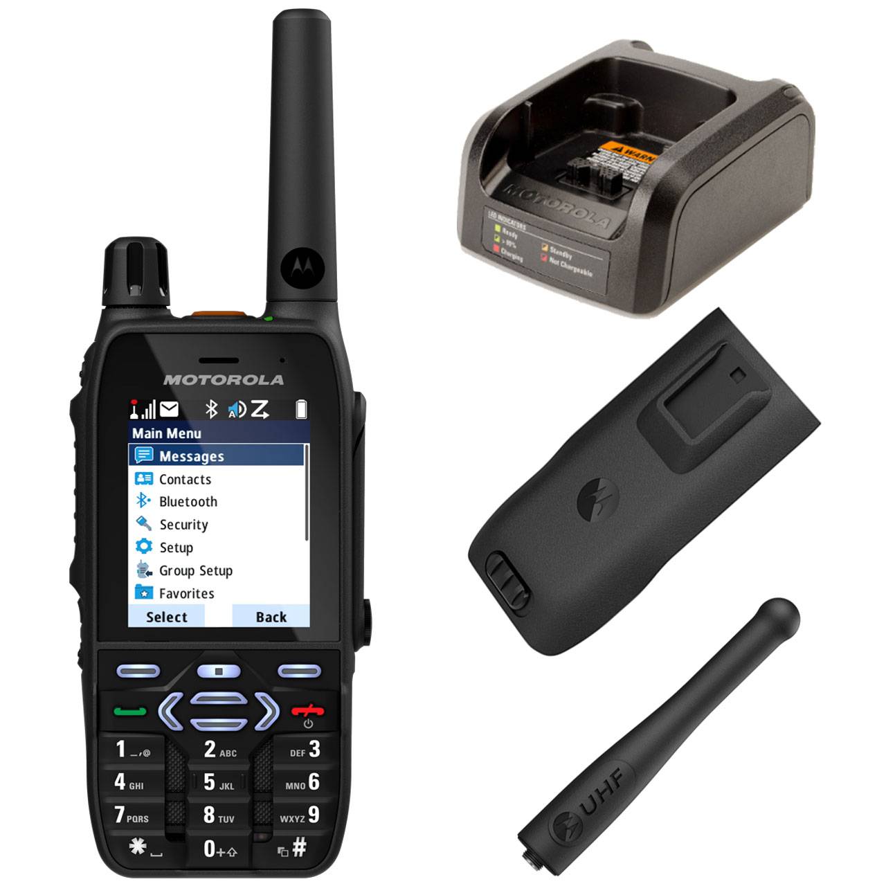 Motorola digitales Mobilfunkgerät, Display zeigt Menüoptionen an, mit Ladegerät, Akku und Antenne als Zubehör.