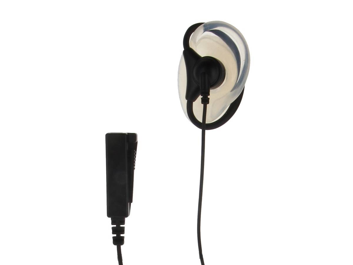 Ein Ohrhörer mit aufgewickeltem Draht und einem angebrachten Clip-Mikrofon, das häufig für diskrete Kommunikation oder Sicherheitszwecke verwendet wird.