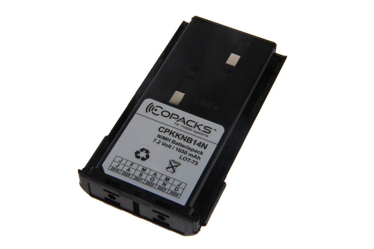 Ein schwarzes rechteckiges Batteriepack mit der Bezeichnung „COPACKS CPK-KNB14N NiMH Batteriepack 7,2 Volt 1850mAh LOT:73