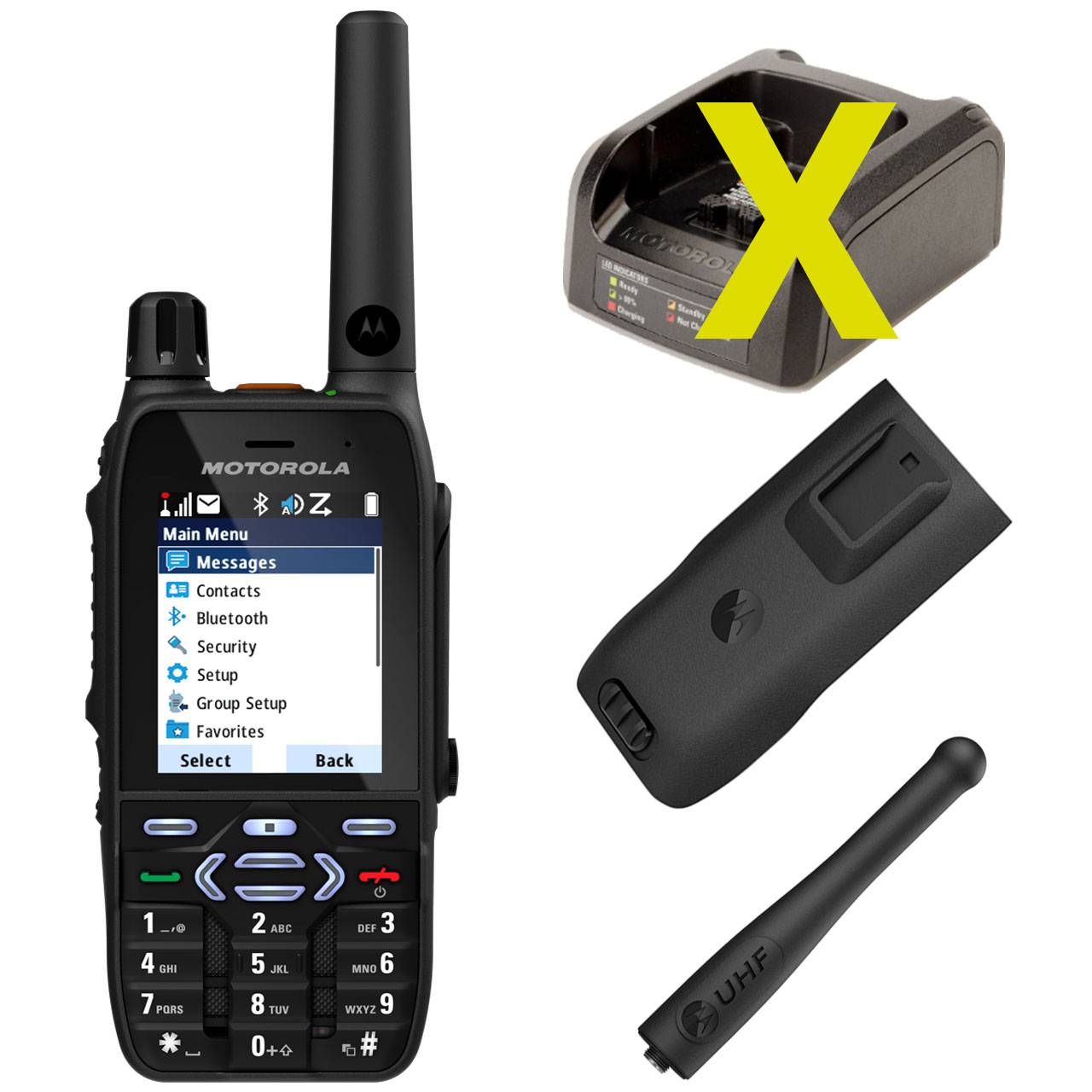Motorola-Funkgerät mit Hauptmenü angezeigt, abnehmbarer Akku, Antenne und Ladegerät. Gelbes „X