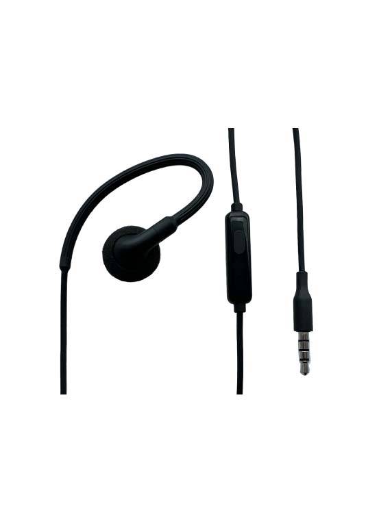 Ein schwarzes Ohrstöpsel mit flexiblem Ohrbügel und eingebautes Mikrofon, abgebildet neben einem 3,5-mm-Audiostecker-Kabel.