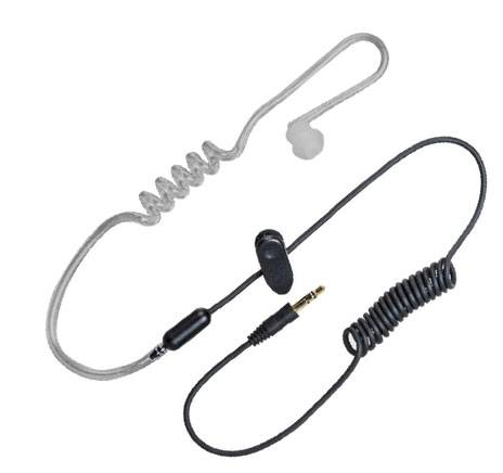 Aufgerolltes akustisches Ohrhörerkabel mit schwarzem Kabel und 3,5-mm-Stecker, entworfen für diskrete Audioüberwachung, beispielsweise für Sicherheitszwecke.