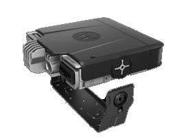 Eine schwarze externe Computerfestplatte mit ausklappbarem Ständer, die mehrere Konnektivitätsanschlüsse an der Seite aufweist.