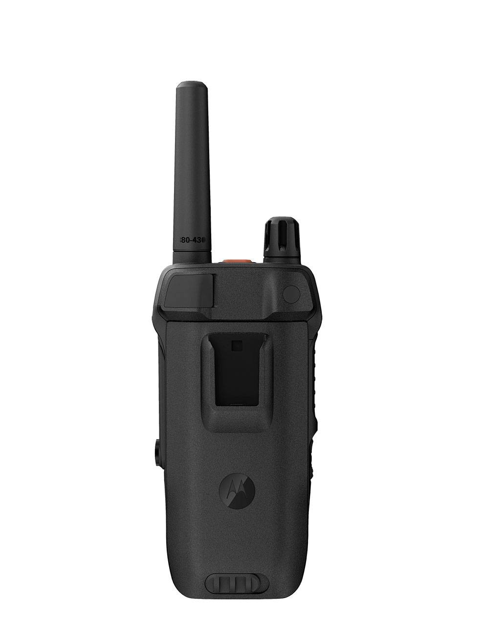 Ein schwarzes tragbares Funkgerät mit Antenne und sichtbaren Bedienelementen auf der Vorderseite.