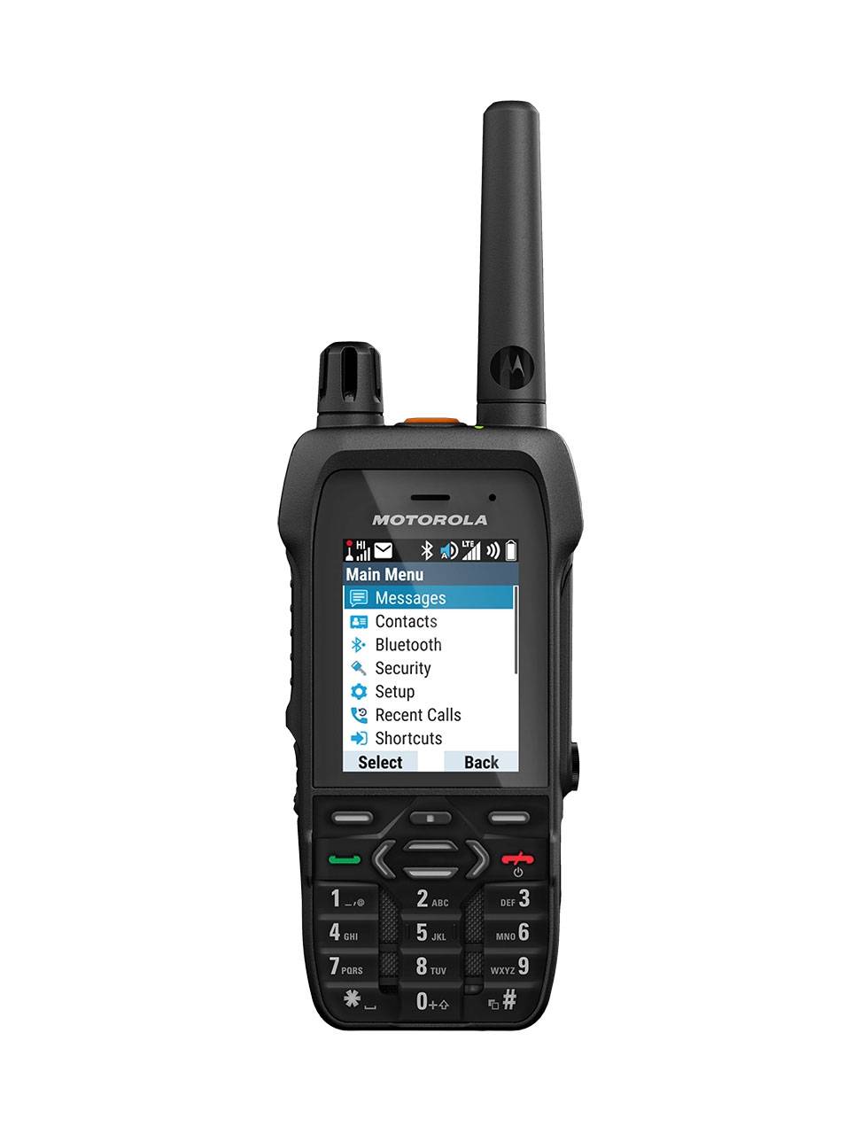 Motorola Funkgerät mit Bildschirm, der Menüoptionen anzeigt, darunter Nachrichten, Kontakte, Bluetooth, Sicherheit und Verknüpfungen.