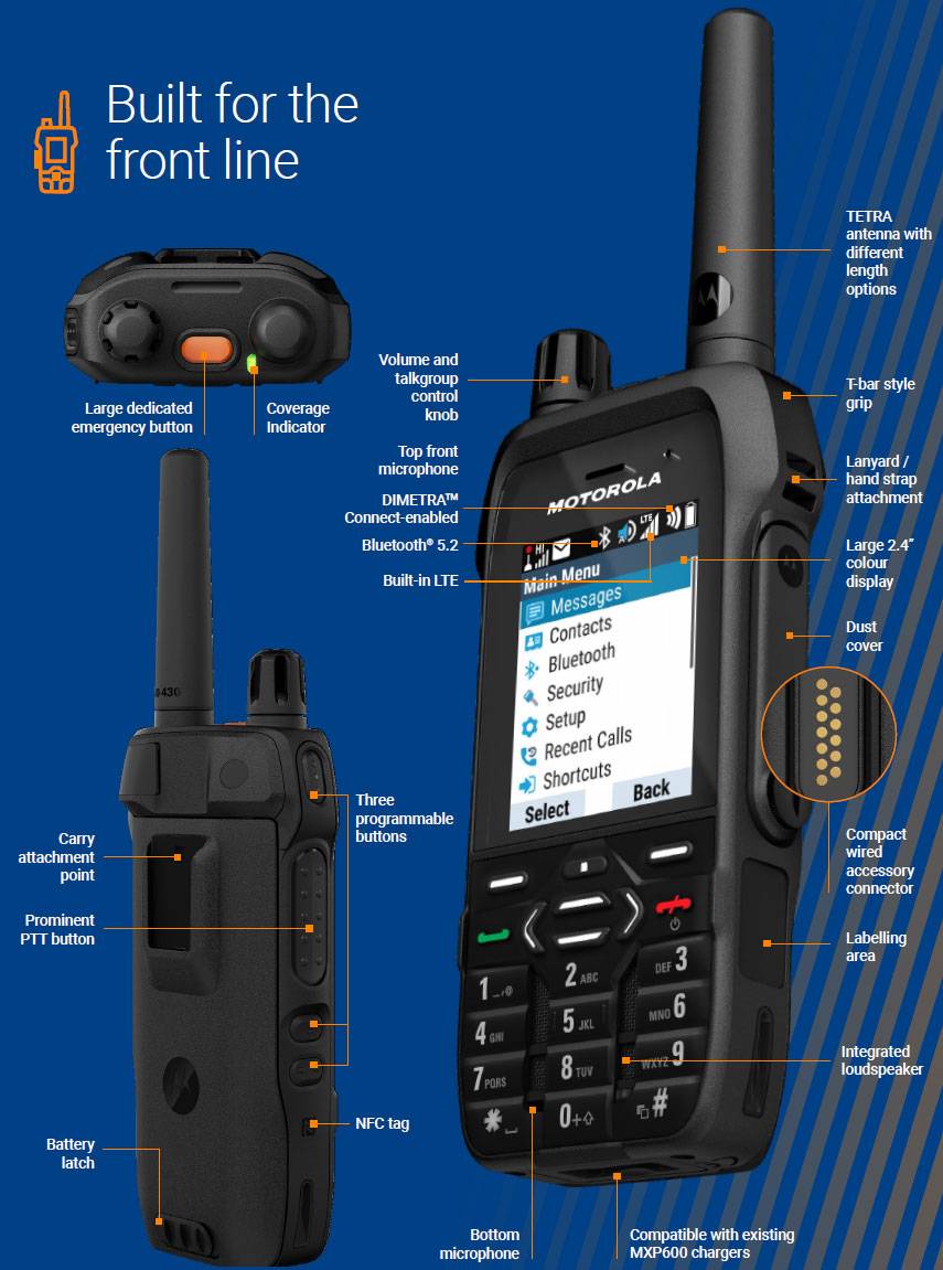 Motorola-Funkgerät mit TETRA-Antenne, Notfallknopf, Farbdisplay, Tastatur, programmierbaren Tasten und Bluetooth-Funktion.