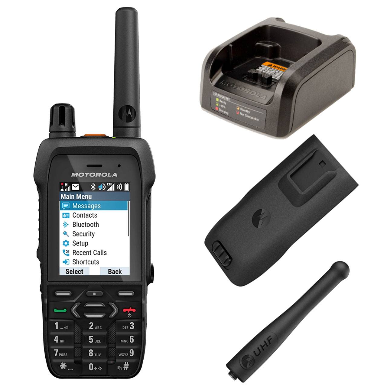 Ein Motorola-Funkgeräteset, das das Funkgerät mit einem Bildschirm zeigt, auf dem ein Menü angezeigt wird, eine Ersatzantenne, eine Rückabdeckung und eine Ladestation.