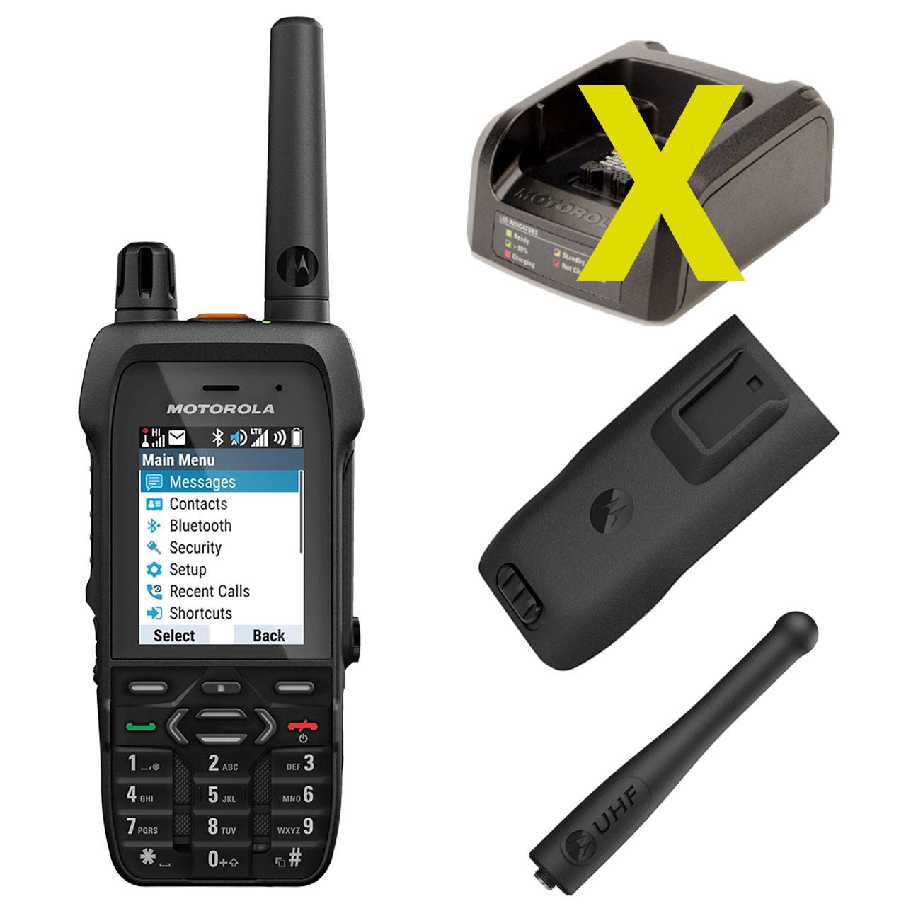 Ein Motorola-Funkgerät mit Zubehör, einschließlich einer Antenne und eines Akkus. Ein Ladegerät ist mit einem gelben X gekennzeichnet, was anzeigt, dass es nicht im Lieferumfang enthalten ist.