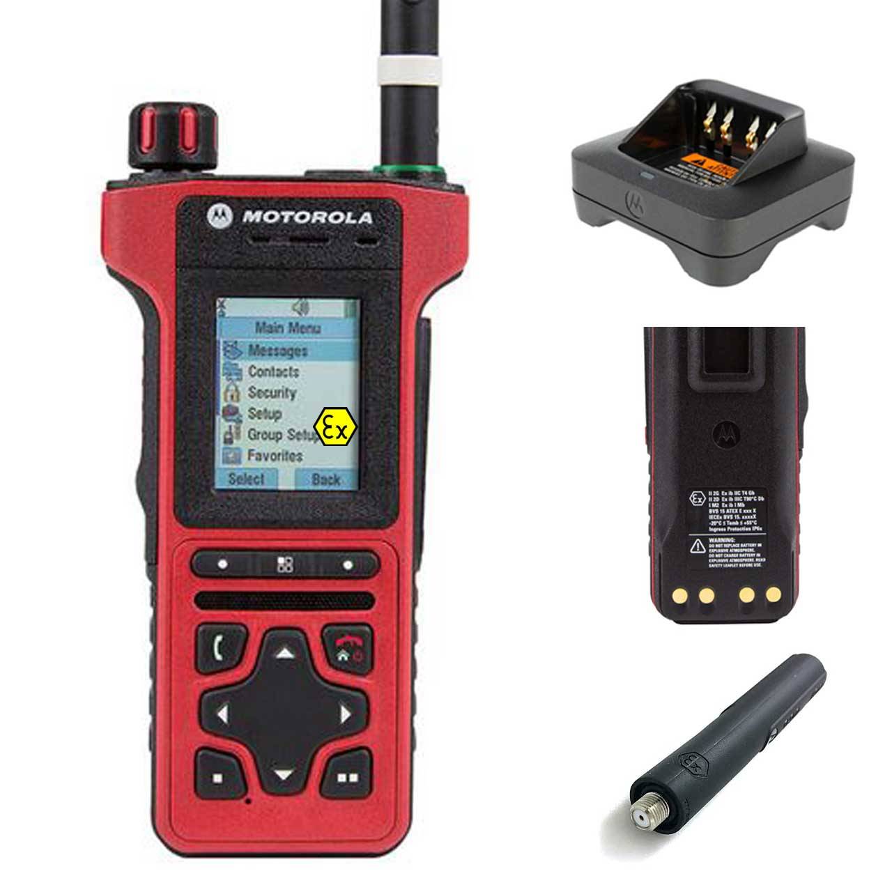 Ein rotes tragbares Motorola-Funkgerät mit Bildschirm, auf dem „Hauptmenü