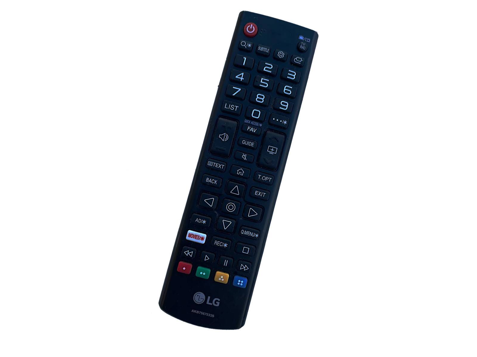 Eine schwarze Fernbedienung für Fernseher mit verschiedenen Tasten, darunter Stromschalter, Lautstärke und Kanal, mit dem LG-Logo unten.