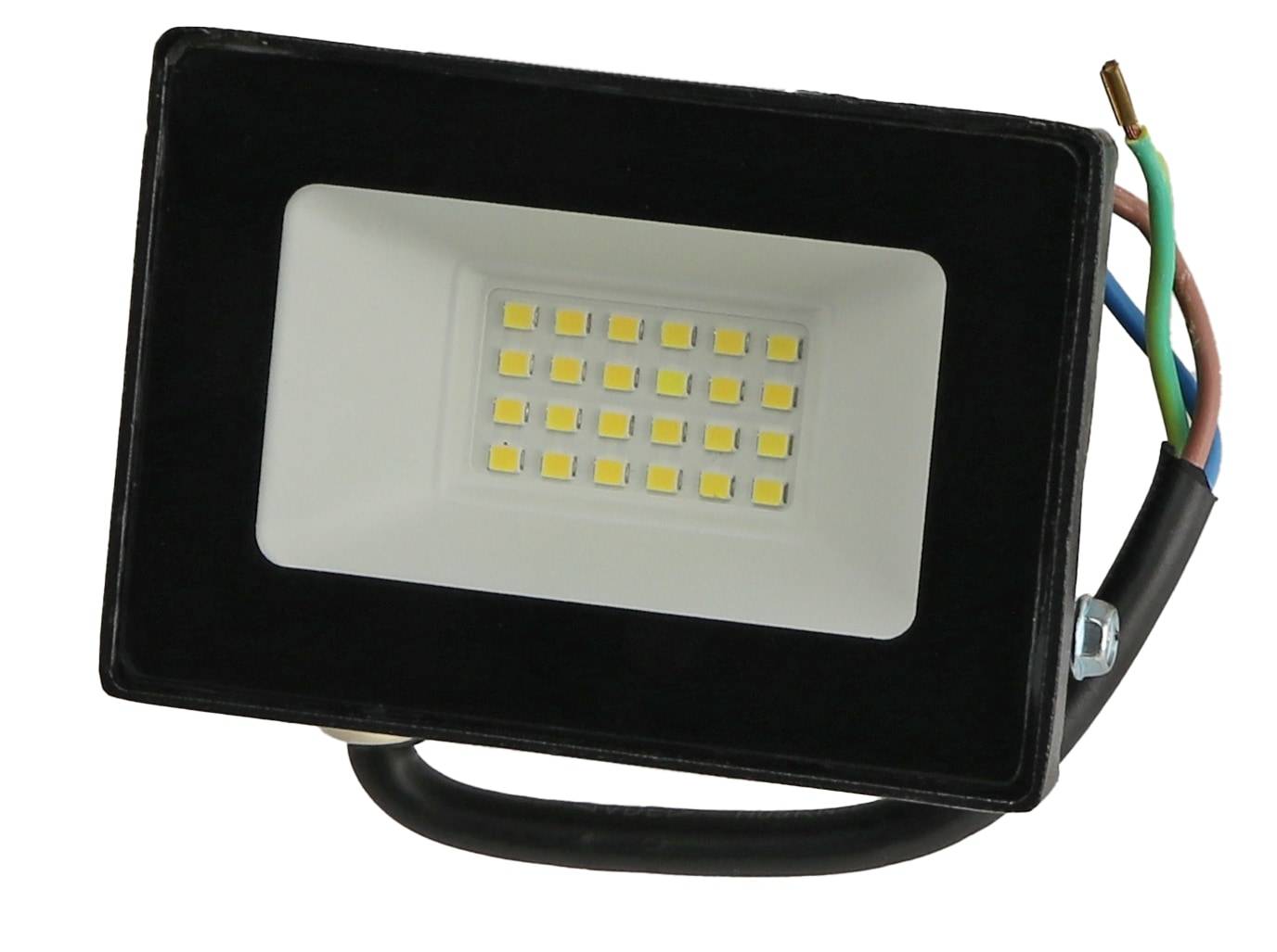 Ein rechteckiges LED-Arbeitslicht mit schwarzem Rahmen, das mehrere gelbe LED-Glühbirnen in einem Gittermuster in der Mitte aufweist.