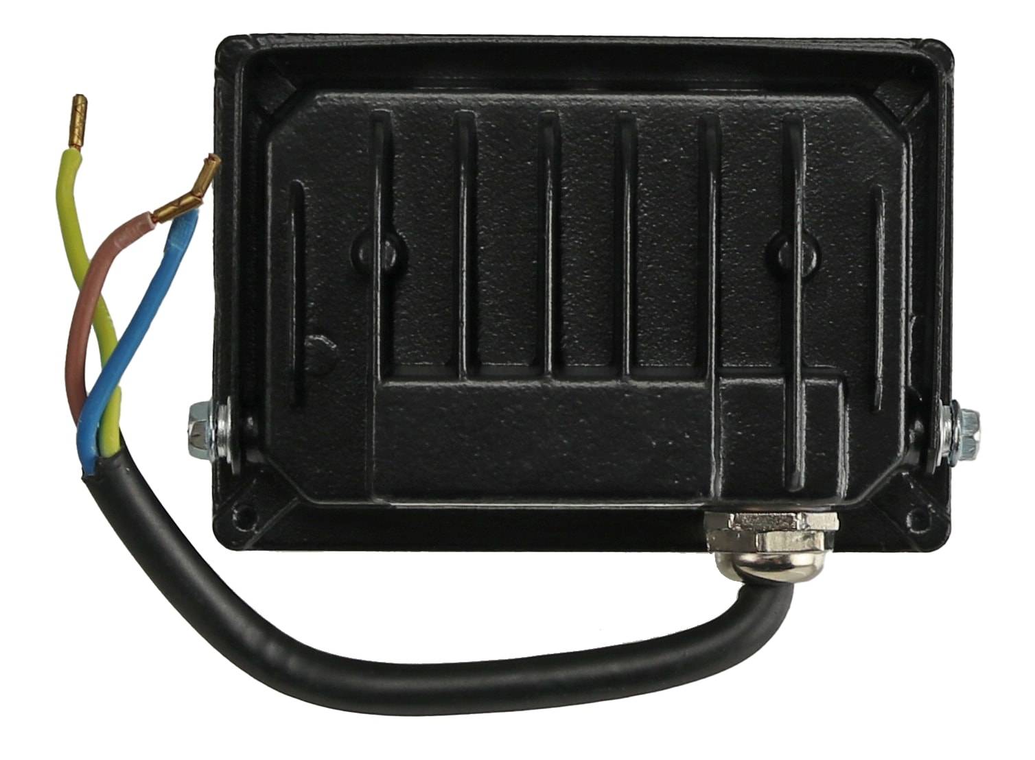 Ein schwarzes rechteckiges Gehäuse mit einer gerillten Oberfläche, Drähten und einem angeschlossenen Kabel deutet auf eine elektronische oder elektrische Komponente hin.