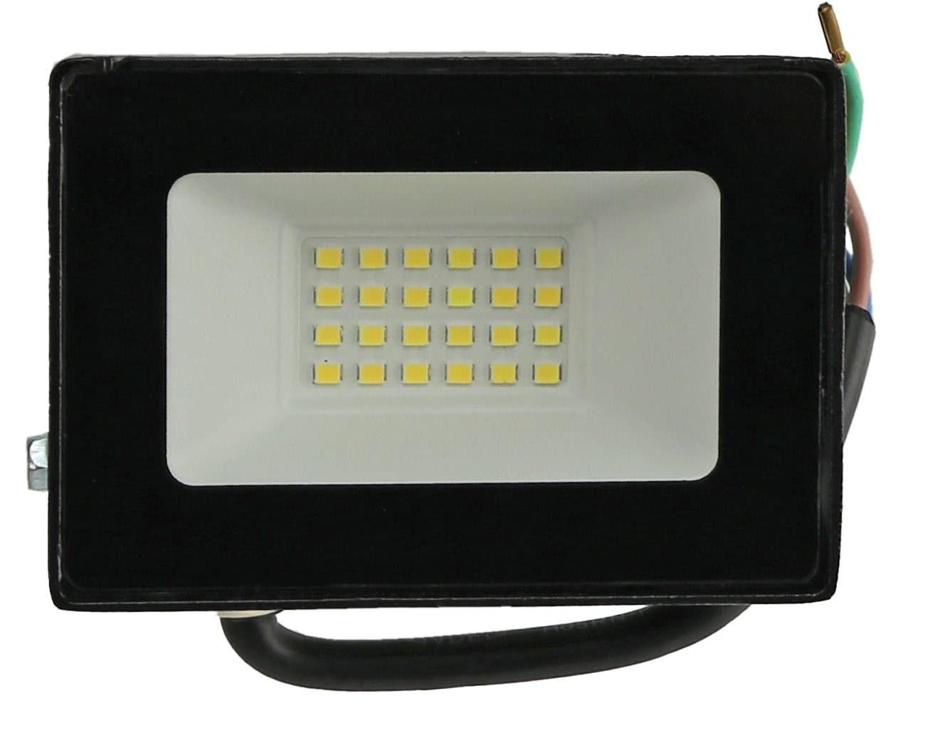 Ein rechteckiges LED-Flutlicht mit einem Gitter aus 24 kleinen gelben Glühbirnen, umgeben von einem schwarzen Rand.