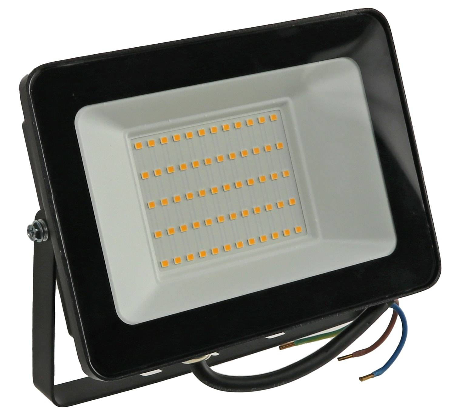 Ein rechteckiges LED-Flutlicht mit Metallgehäuse und freiliegenden Drähten, konzipiert für den Außeneinsatz, mit mehreren gleichmäßig angeordneten LEDs.