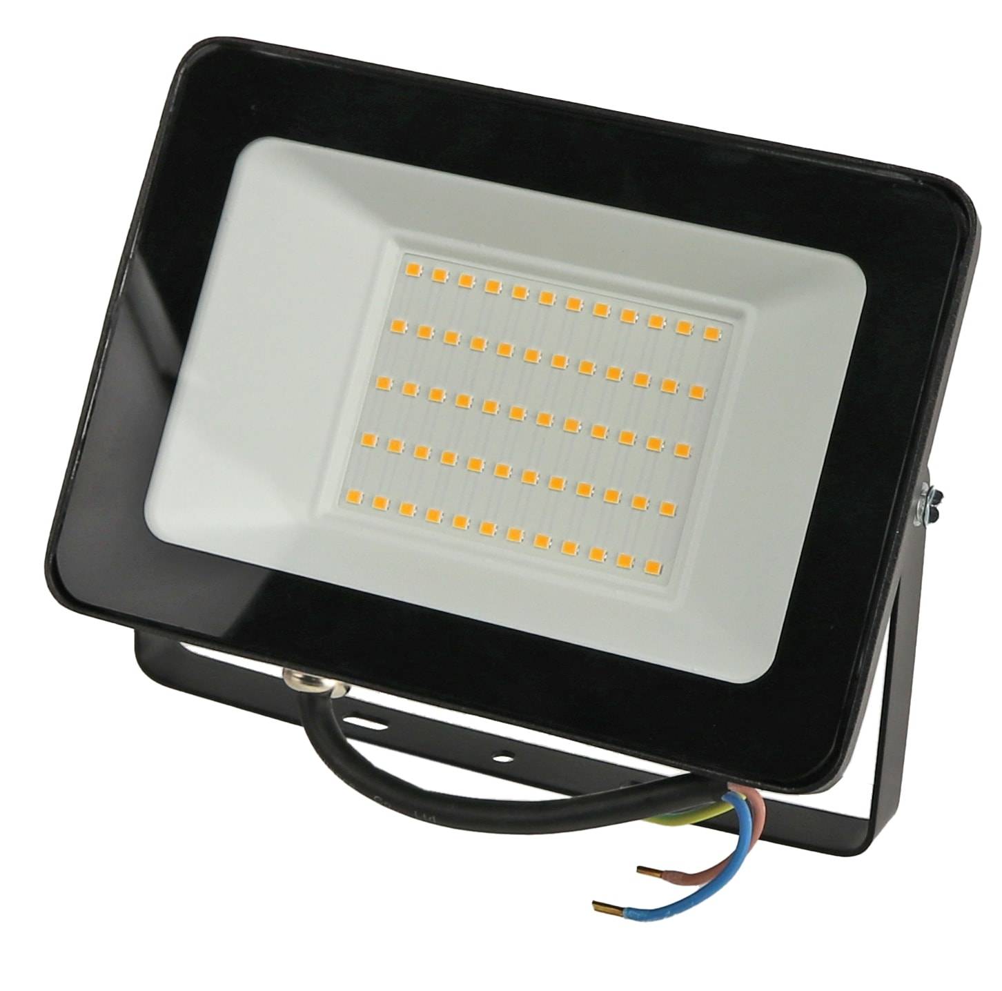 Rechteckige LED-Flutlicht mit schwarzem Rahmen, mit mehreren kleinen, gleichmäßig verteilten LED-Leuchten. Montiert auf einer Metallhalterung.