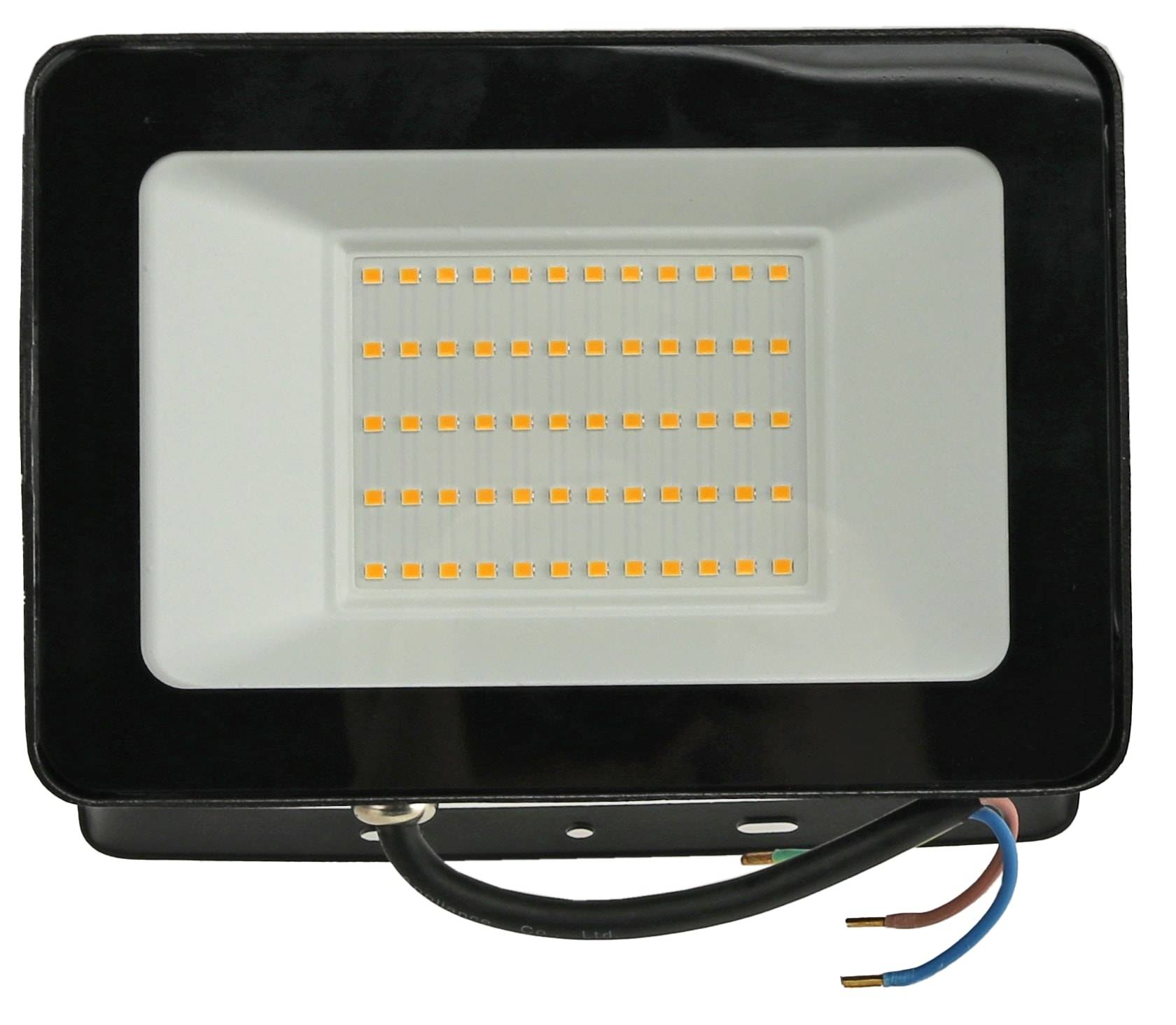 Ein schwarzes rechteckiges LED-Strahler mit mehreren kleinen Glühbirnen, die in einem Gitter angeordnet sind, mit freiliegenden Drähten am unteren Ende zur Installation.