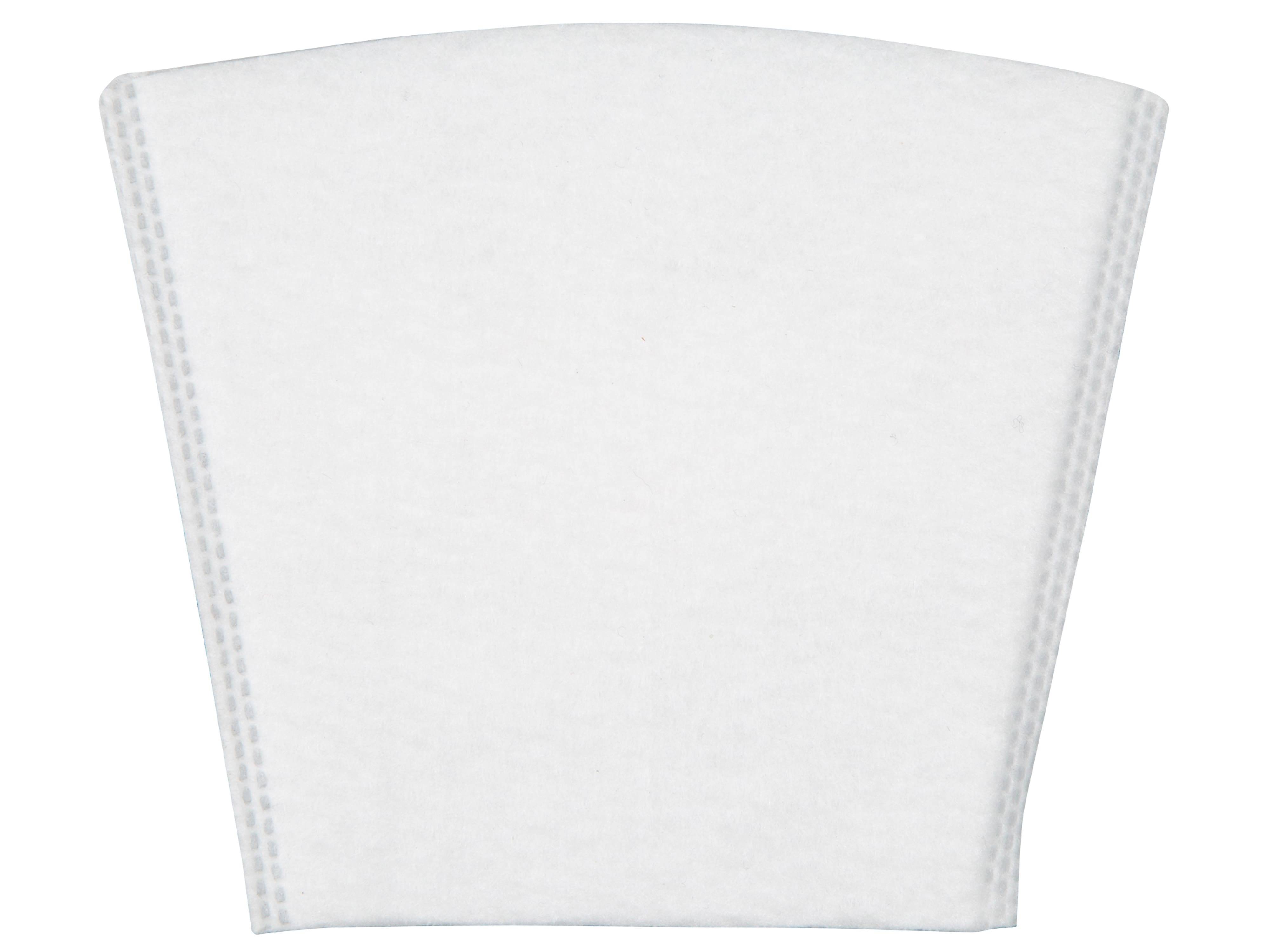 Ein einzelnes weißes Kaffeefilter gegen einen einfachen weißen Hintergrund, das seine trapezförmige Form und feine, poröse Textur zeigt.